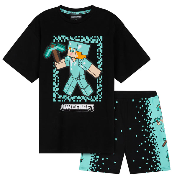 Minecraft Boys Short Pyjamas Set, Comfy Cotton Lounge Wear - Black/Blue