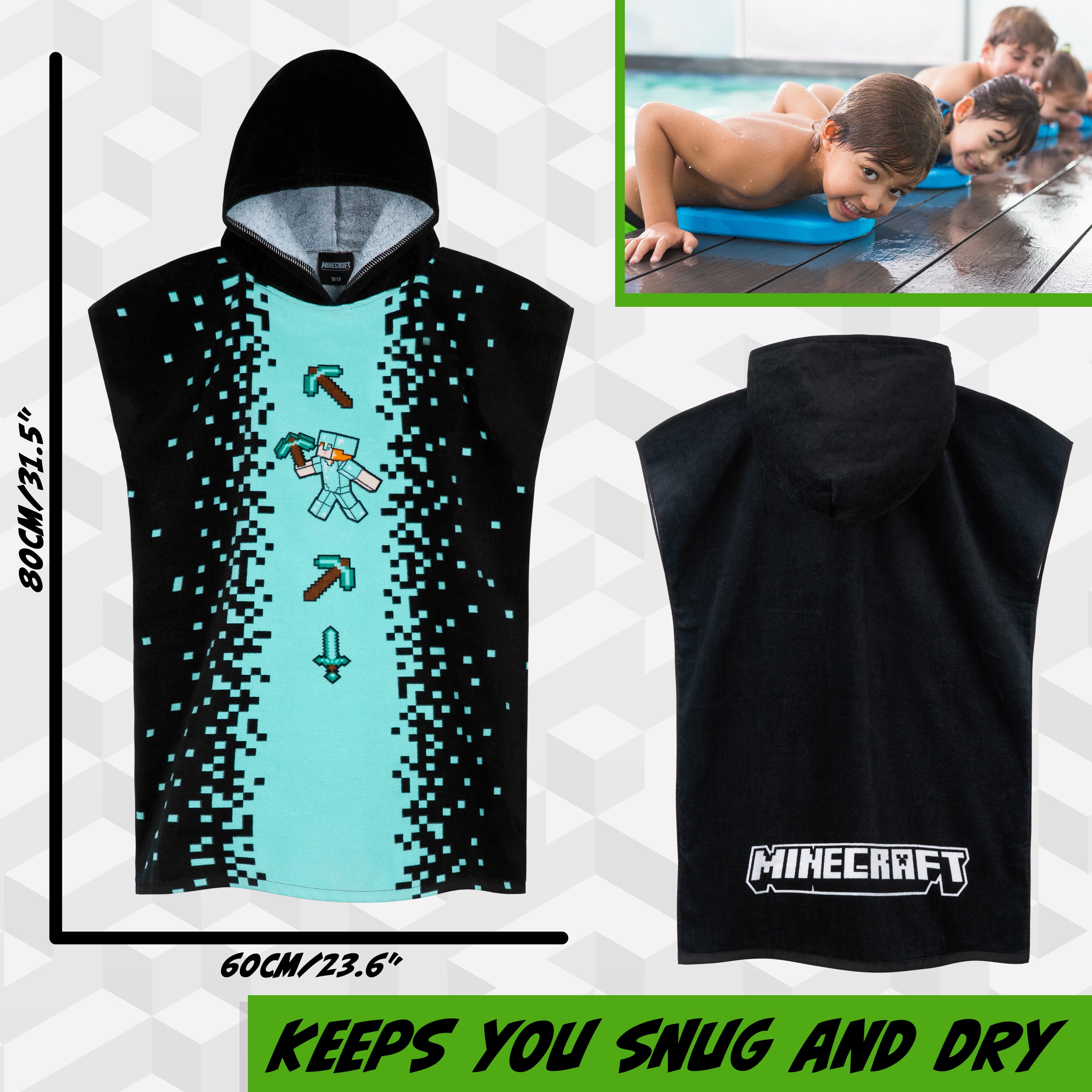 Minecraft Bath Towel with Hood for Kids and Teenagers Changing Robe Absorbent Poncho - Get Trend