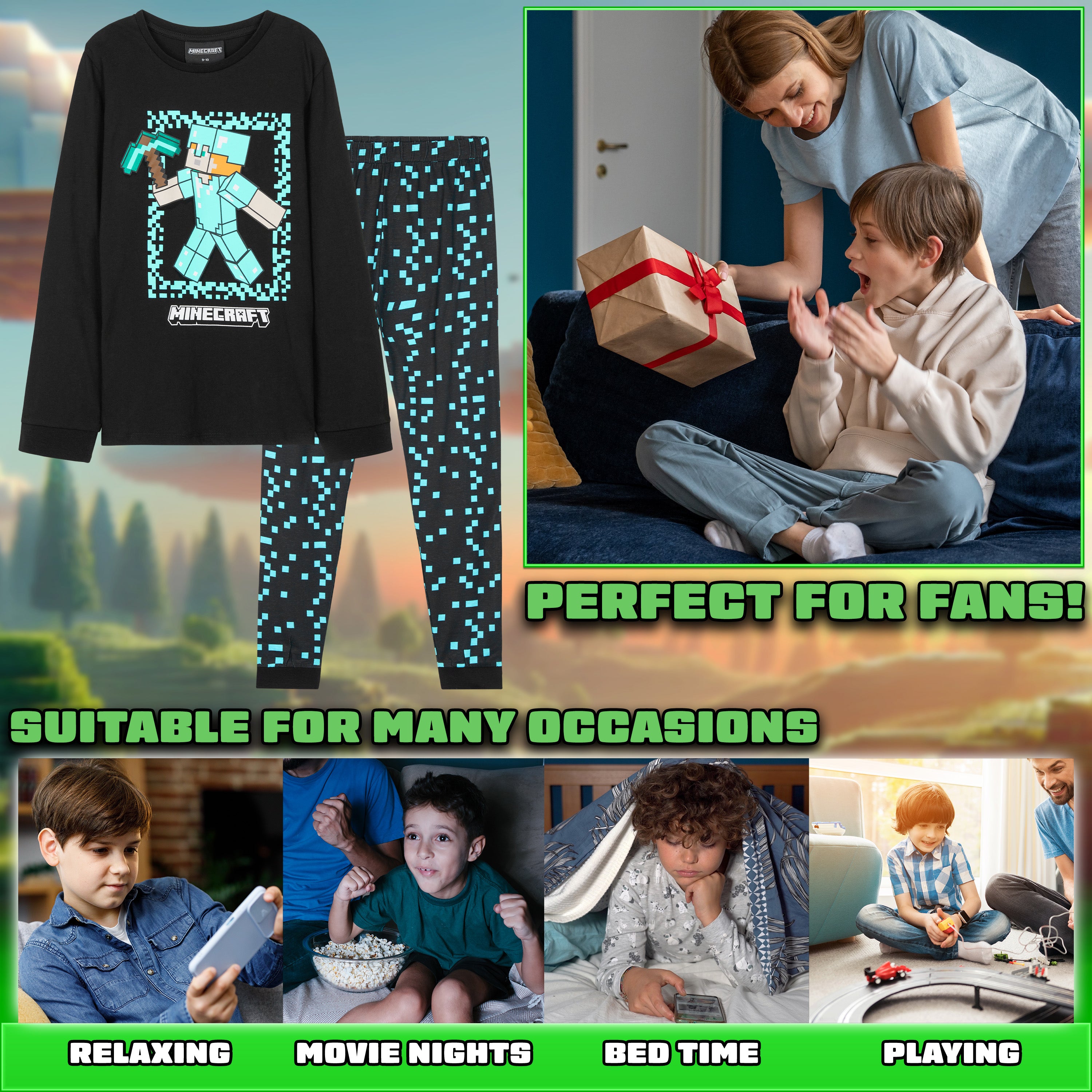 Minecraft Lange pyjama voor jongens, comfortabele set van katoen, gamercadeau voor kinderen, Groen/Zwart, 13-14 Jaar Minecraft Lange pyjama voor jongens, comfortabele set van katoen, gamercadeau voor kinderen, Groen/Zwart, 13-14 Jaar