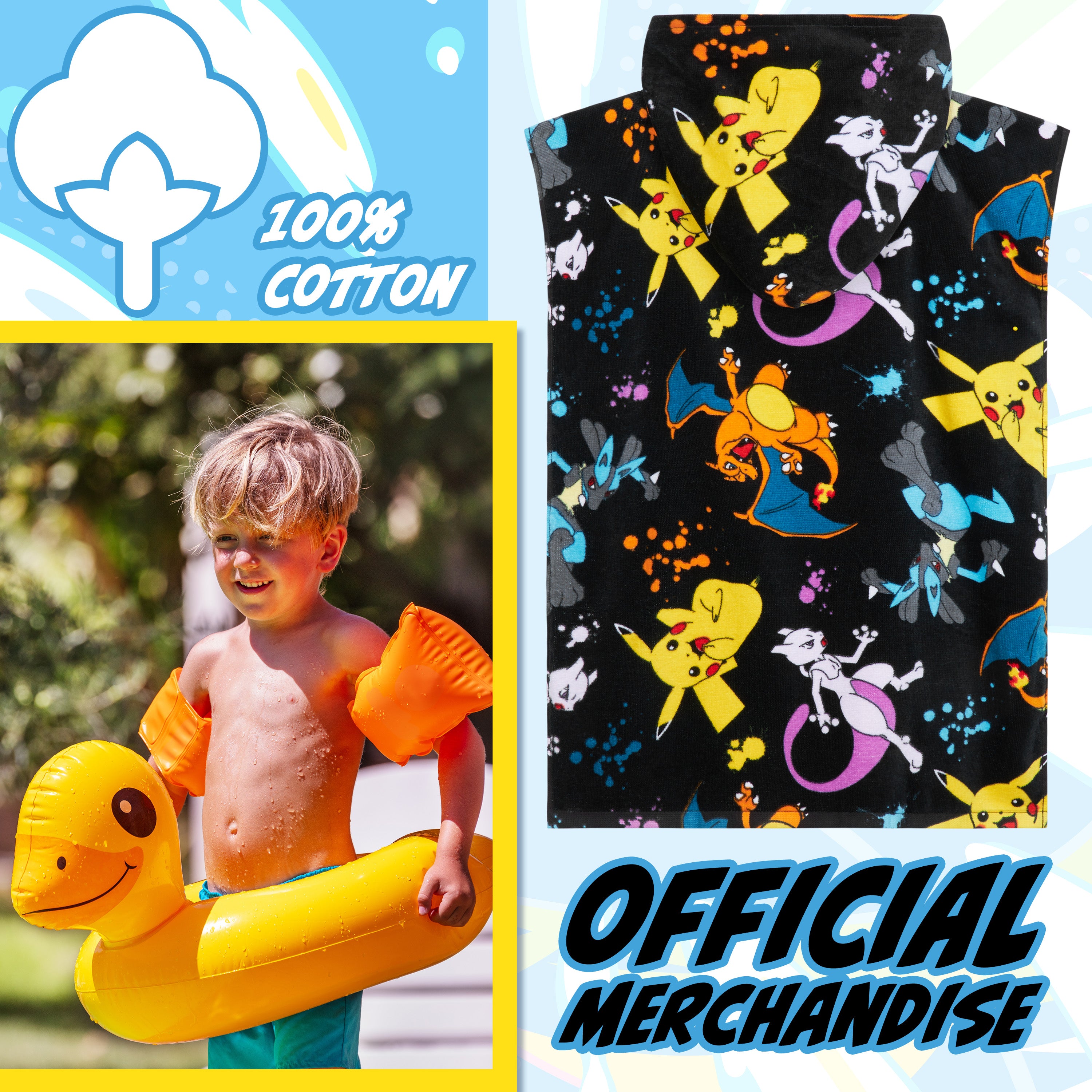 Pokemon Bath Towel with Hood for Kids Teenagers Absorbent Anime Changing Robe Cotton Poncho Towel for Swimming Bath Shower Beach Towel Holiday Essentials (Black/Multi, 10-13 Years) - Get Trend