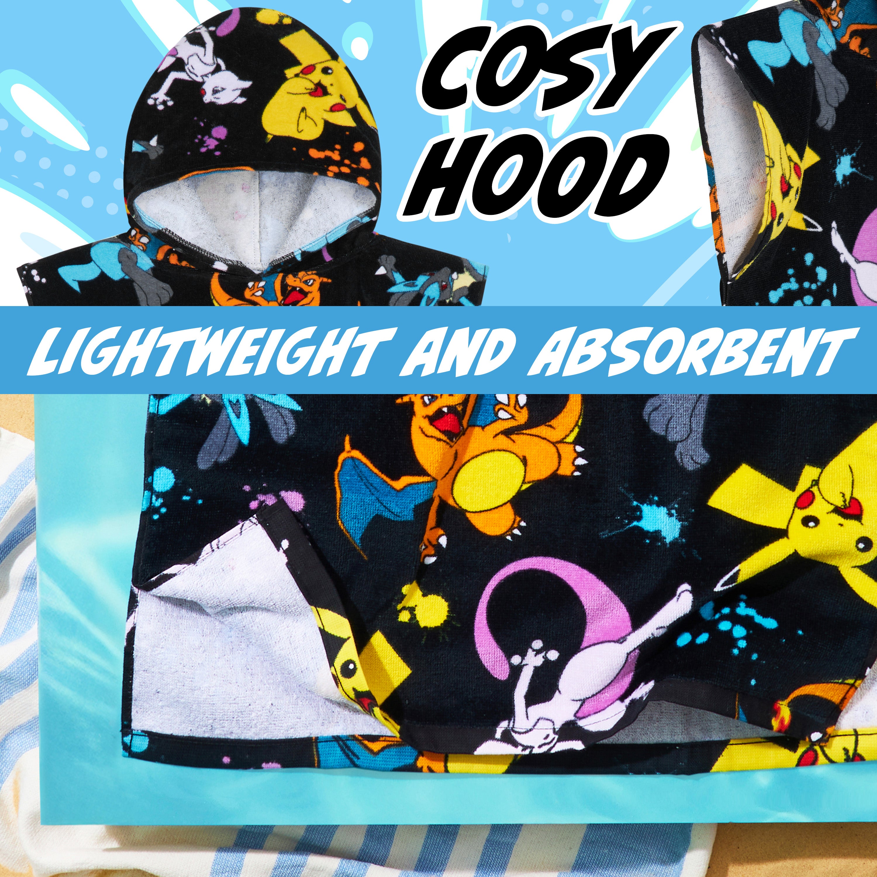 Pokemon Bath Towel with Hood for Kids Teenagers Absorbent Anime Changing Robe Cotton Poncho Towel for Swimming Bath Shower Beach Towel Holiday Essentials (Black/Multi, 10-13 Years) - Get Trend