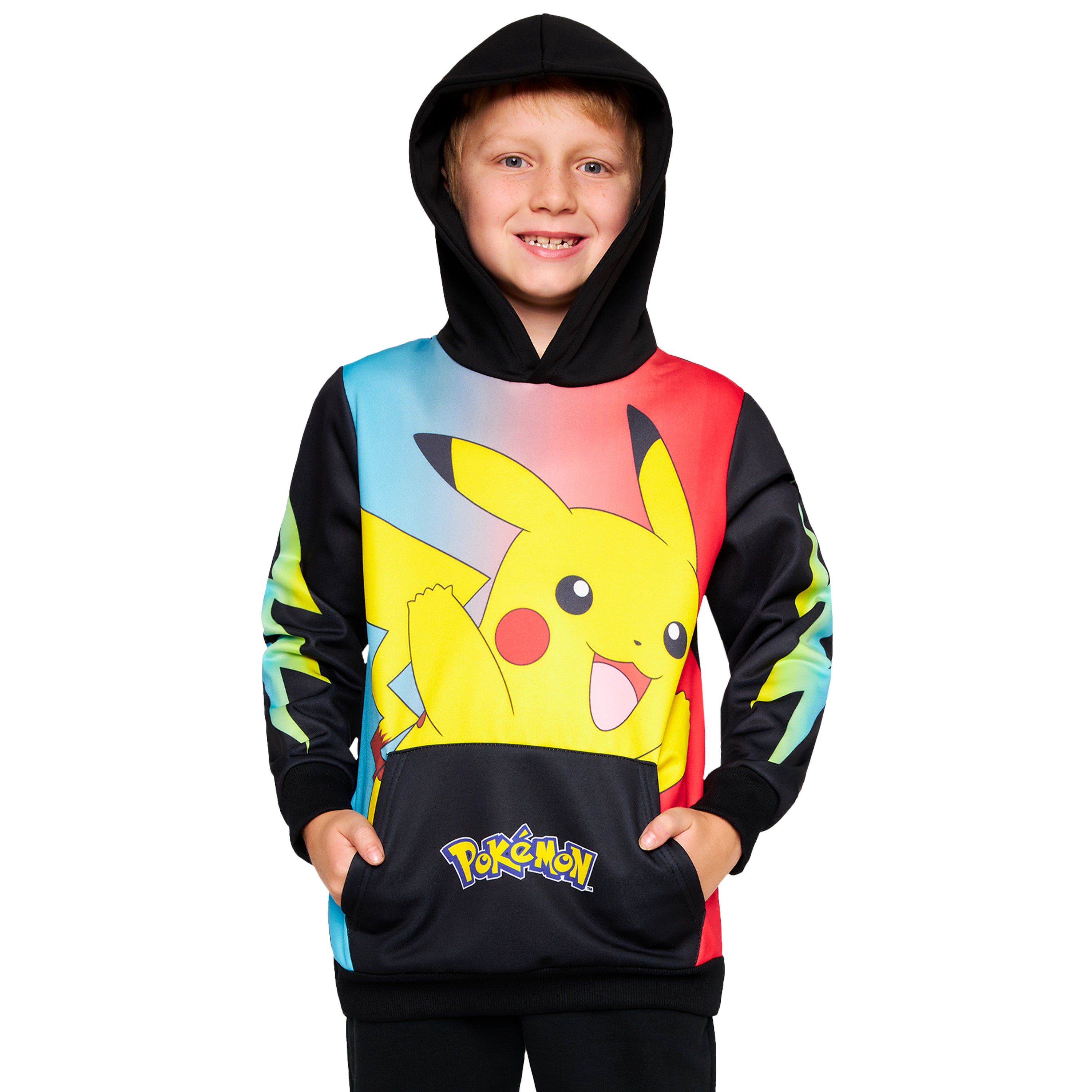 Pokemon Boys Hoodie with Cuffed Sleeves, Kangaroo Pocket - Black/Multi Pikachu - Get Trend