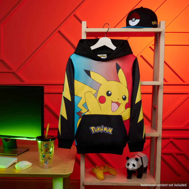 Pokemon Boys Hoodie with Cuffed Sleeves, Kangaroo Pocket - Black/Multi Pikachu - Get Trend