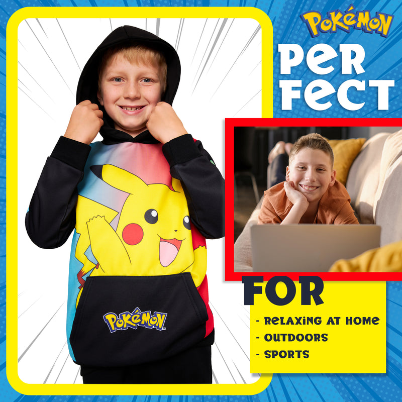 Pokemon Boys Hoodie with Cuffed Sleeves, Kangaroo Pocket - Black/Multi Pikachu - Get Trend