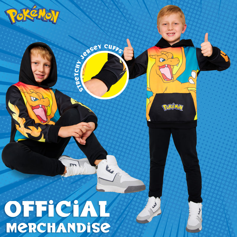 Pokemon Boys Hoodie with Cuffed Sleeves, Kangaroo Pocket - Black/Orange Charizard - Get Trend