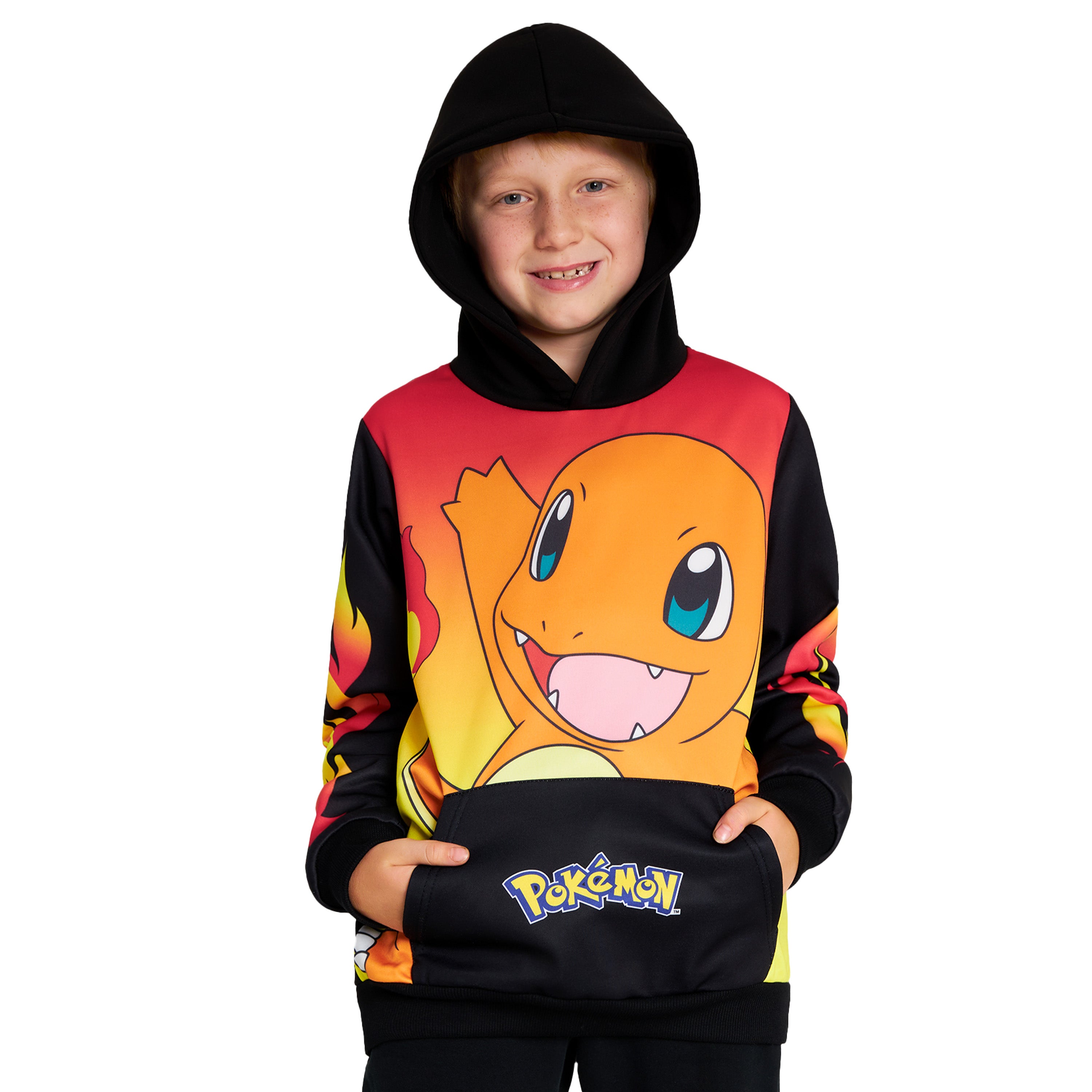 Pokemon Boys Hoodie with Cuffed Sleeves, Kangaroo Pocket - Black/Red Charmander - Get Trend