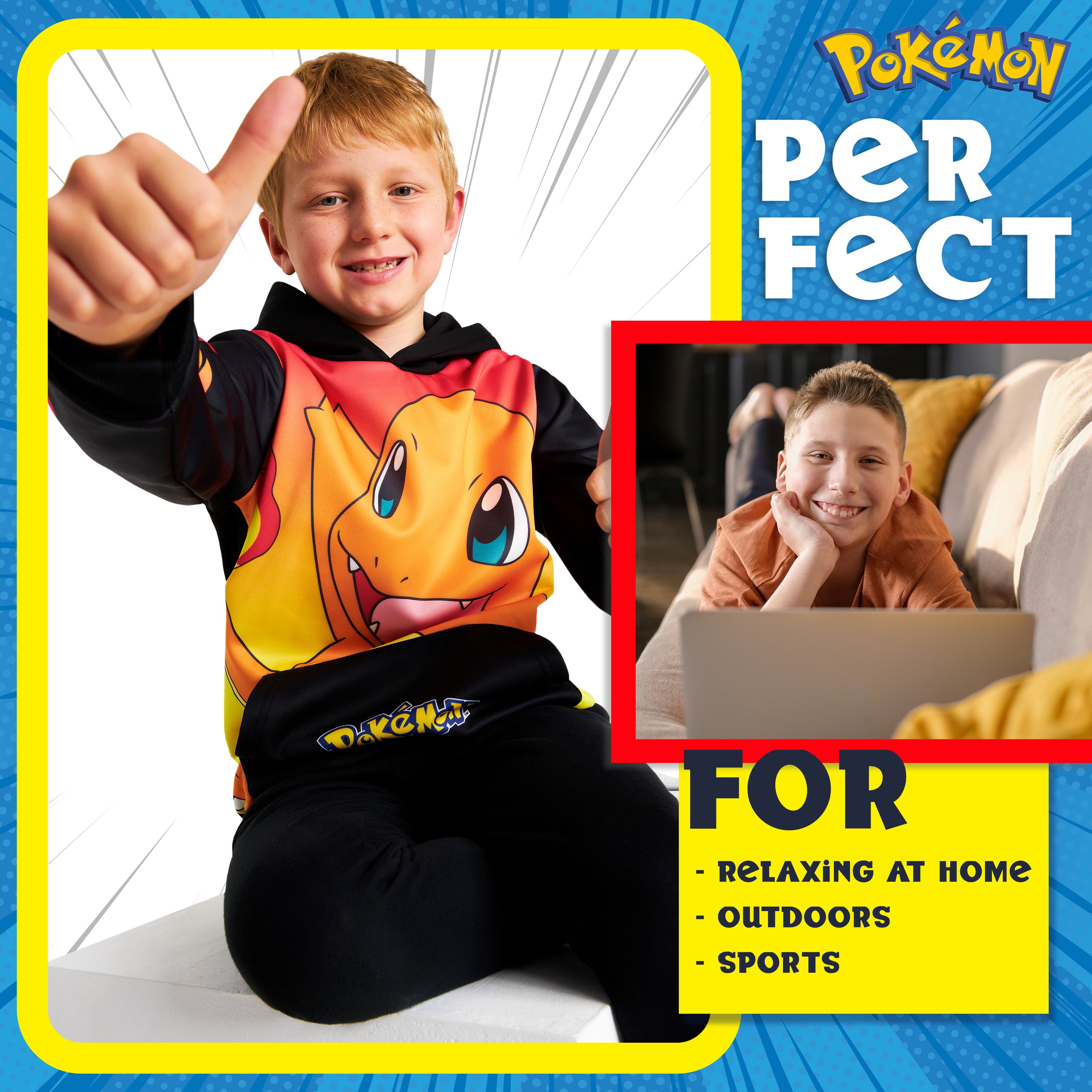 Pokemon Boys Hoodie with Cuffed Sleeves, Kangaroo Pocket - Black/Red Charmander - Get Trend