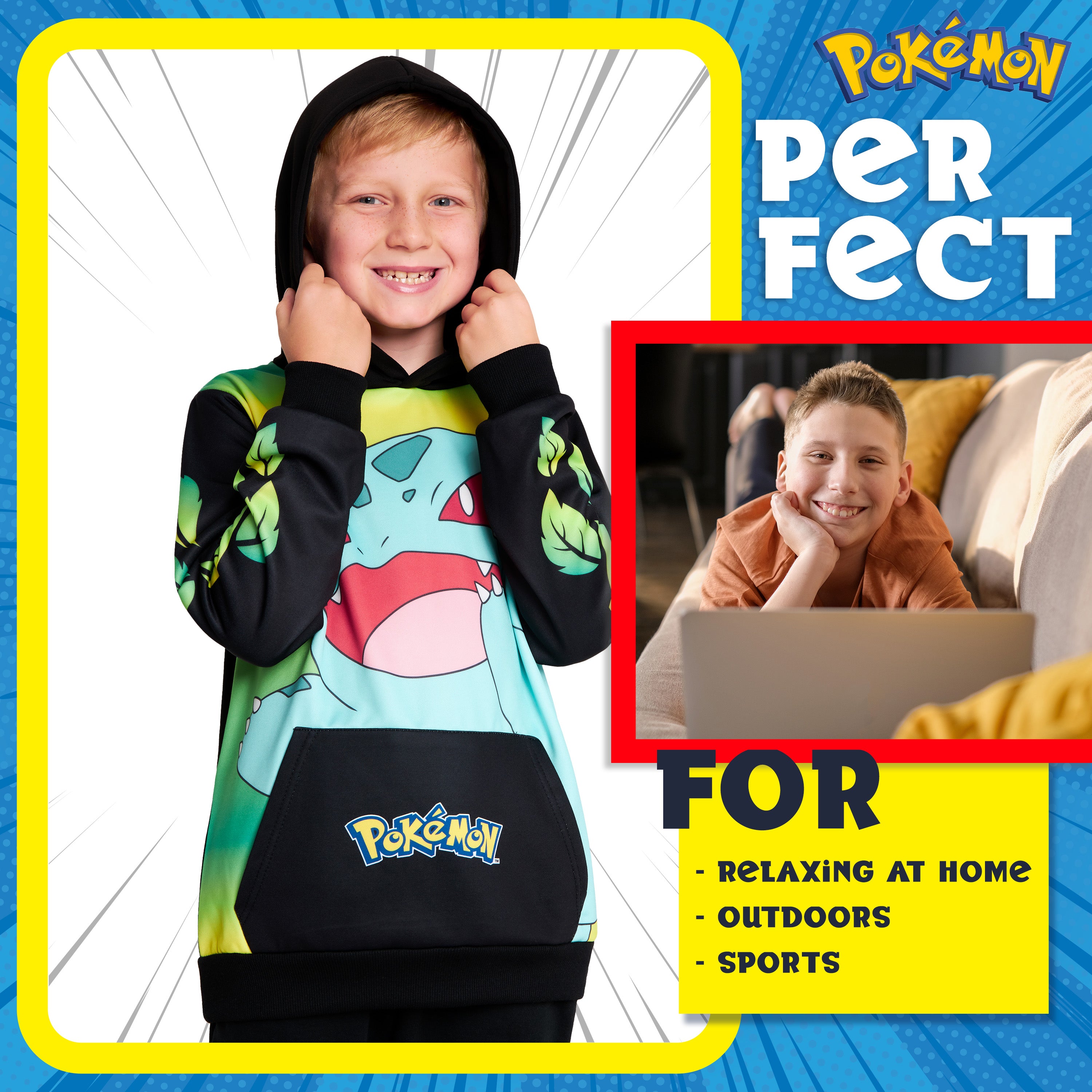 Pokemon Boys Hoodie with Cuffed Sleeves, Kangaroo Pocket - Black/Yellow Bulbasaur - Get Trend