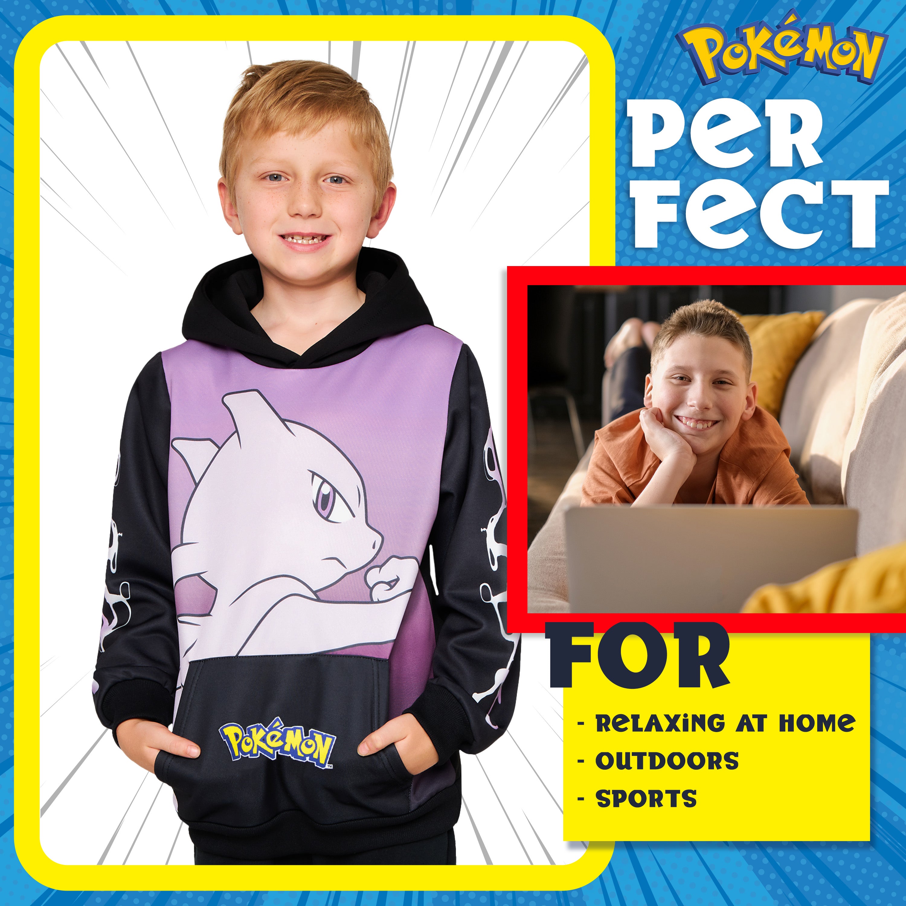 Pokemon Boys Hoodie with Cuffed Sleeves, Kangaroo Pocket - Black/Pink Mewtwo - Get Trend