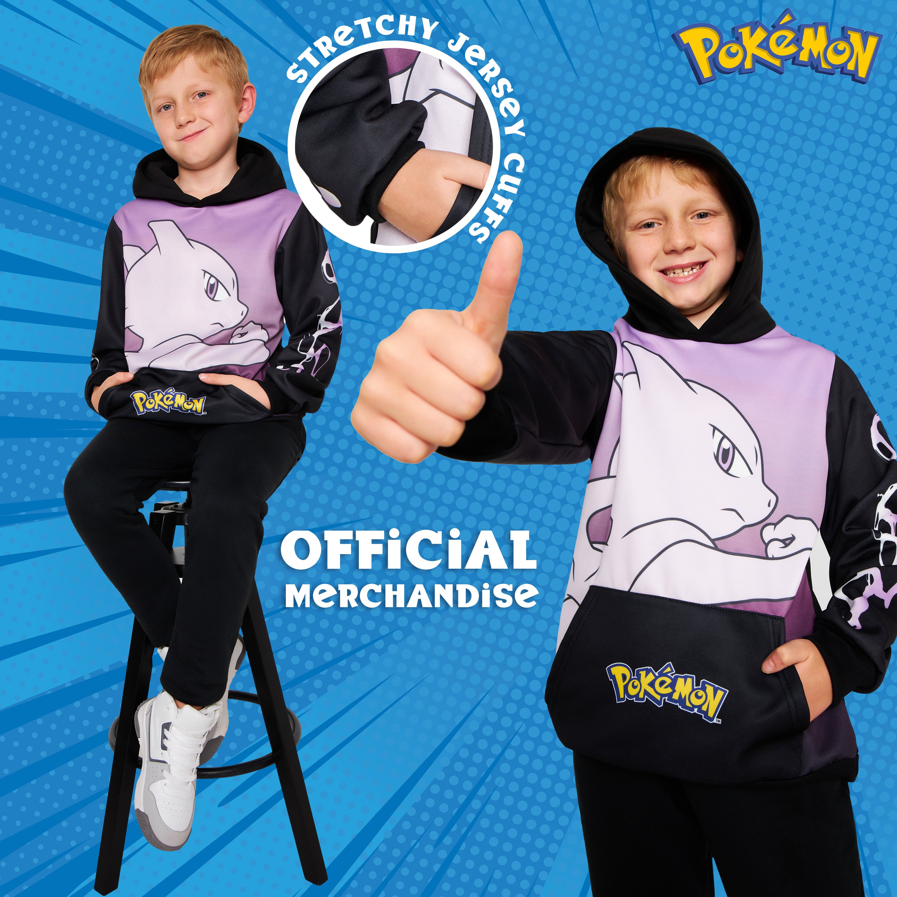 Pokemon Boys Hoodie with Cuffed Sleeves, Kangaroo Pocket - Black/Pink Mewtwo - Get Trend