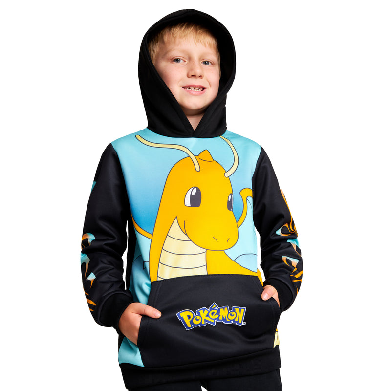 Pokemon Boys Hoodie with Cuffed Sleeves, Kangaroo Pocket - Black/Blue Dragonite - Get Trend