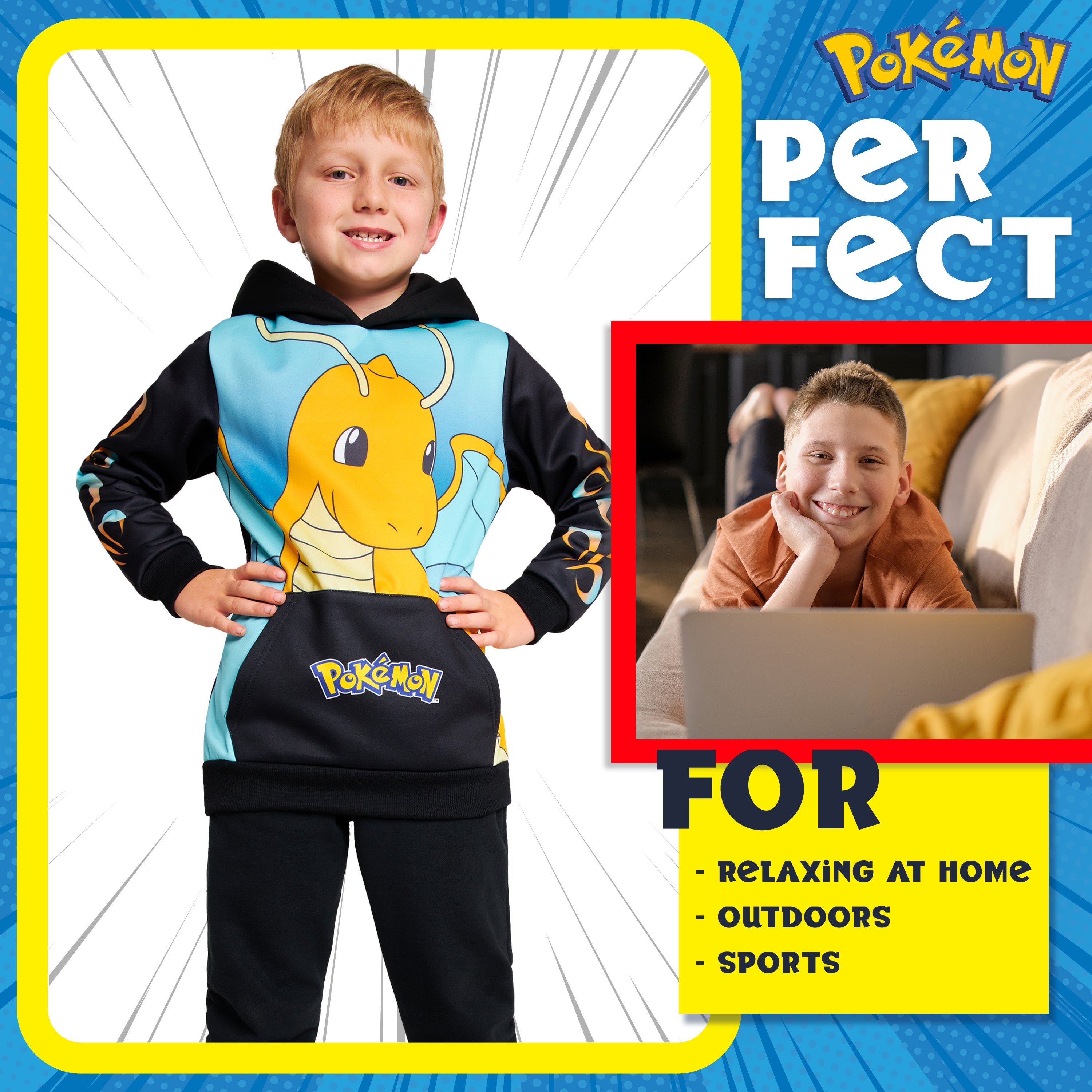 Pokemon Boys Hoodie with Cuffed Sleeves, Kangaroo Pocket - Black/Blue Dragonite - Get Trend