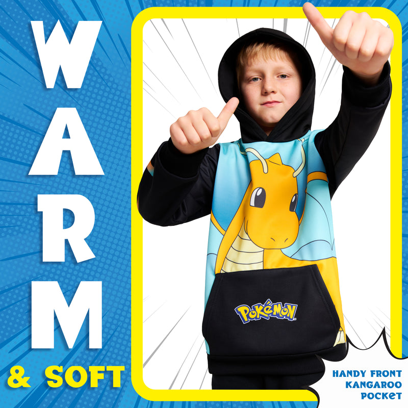 Pokemon Boys Hoodie with Cuffed Sleeves, Kangaroo Pocket - Black/Blue Dragonite - Get Trend