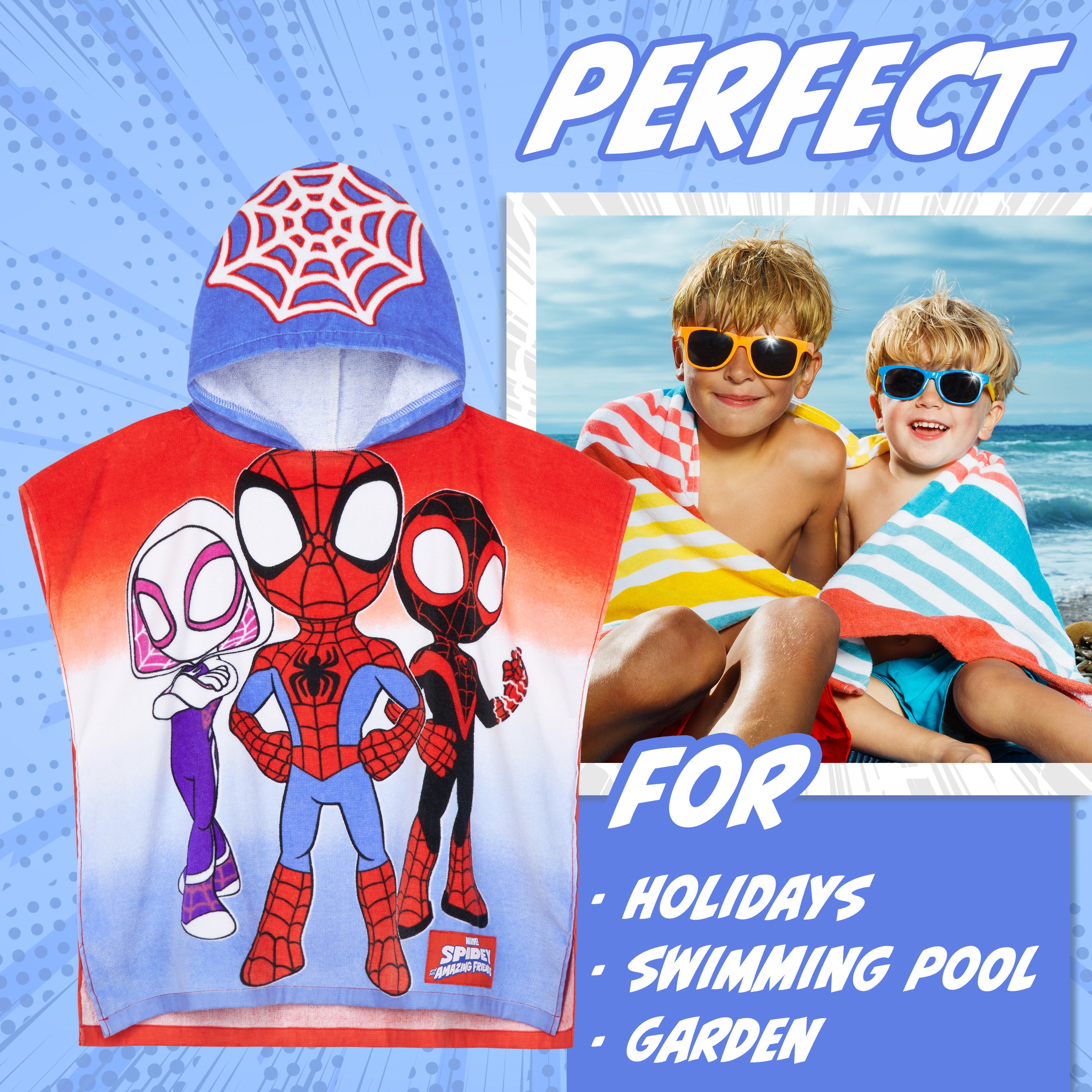 Get Trend Marvel Spidey Bath Towel with Hood for Kids Absorbent Changing Robe Poncho Towel Swimming Bath Shower Beach Holiday Essentials (Blue/Red Spidey, 4-9 years) - Get Trend