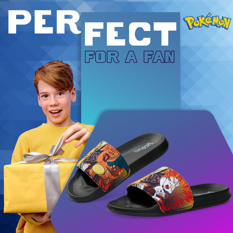 Pokemon Boys Sliders, Beach or Pool Shoes for Kids - Black/Orange - Get Trend