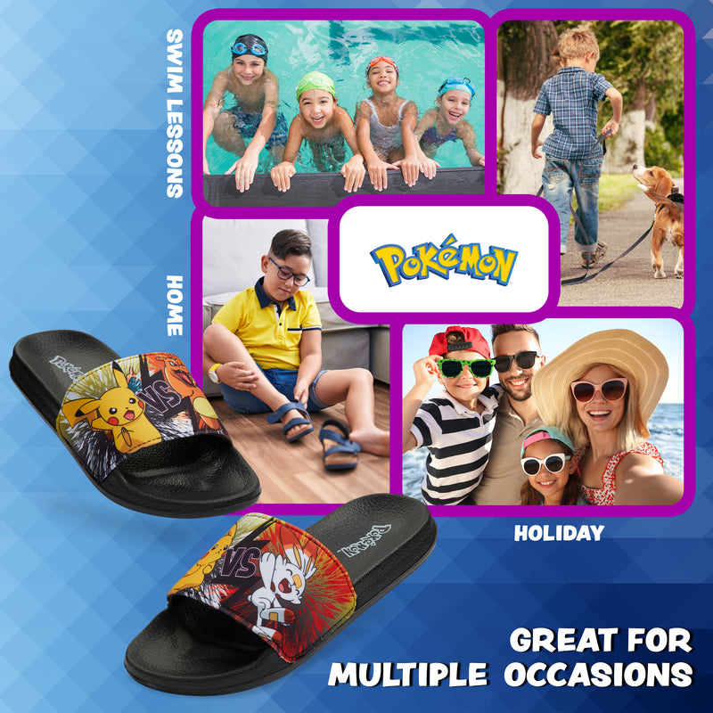 Pokemon Boys Sliders, Beach or Pool Shoes for Kids - Black/Orange - Get Trend