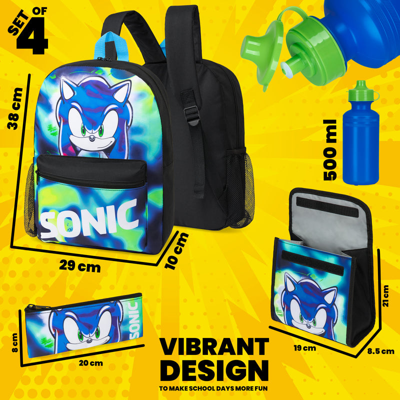 Sonic The Hedgehog School Bag Insulated Kids Lunch Bag - 4 Piece Set