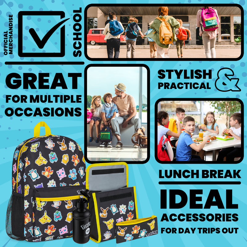 Pokemon Girls Backpack Set | Rucksack Bundle with School Bag, Pencil Case, Lunch Bag & Water Bottle | Eevee Matching Set