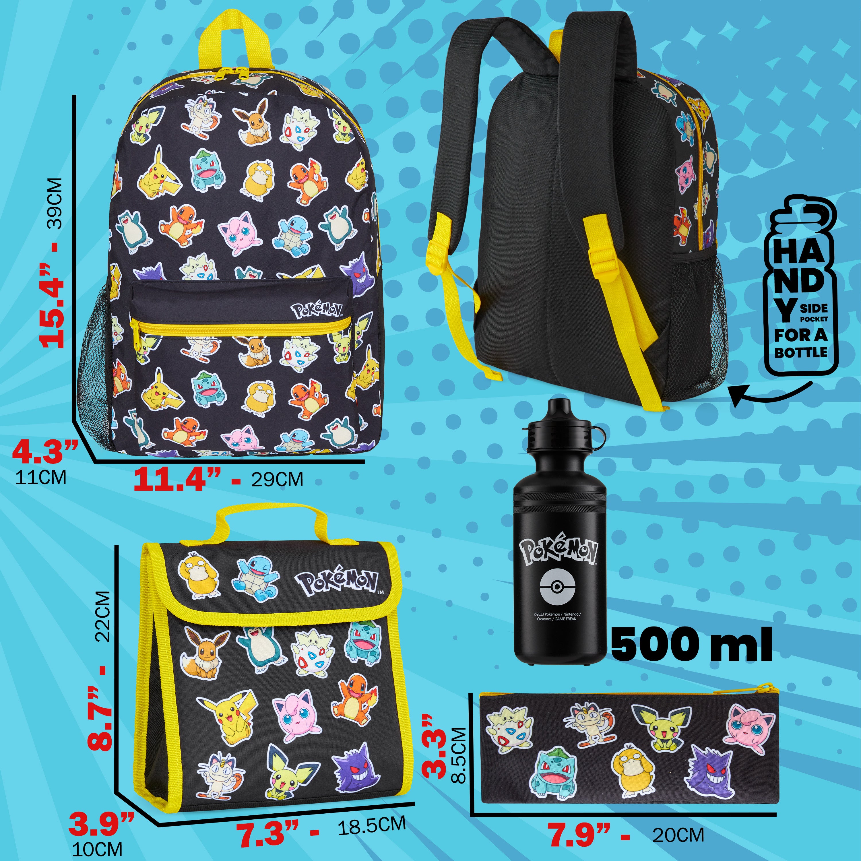Pokemon Backpack Set 4 Pcs Water Bottle Backpack Pencil Case Insulated Lunch Bag - Get Trend
