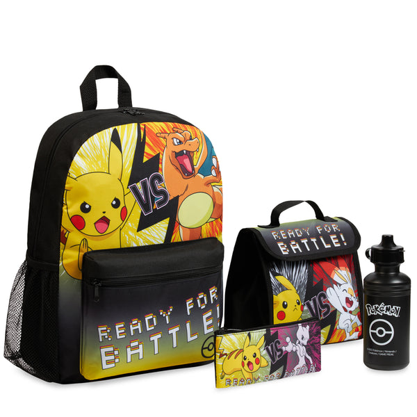 Pokemon Kids Backpack 4 Piece Set Rucksack Insulated Lunch Box Kids Pencil Case BPA Free 500ml Water Bottle