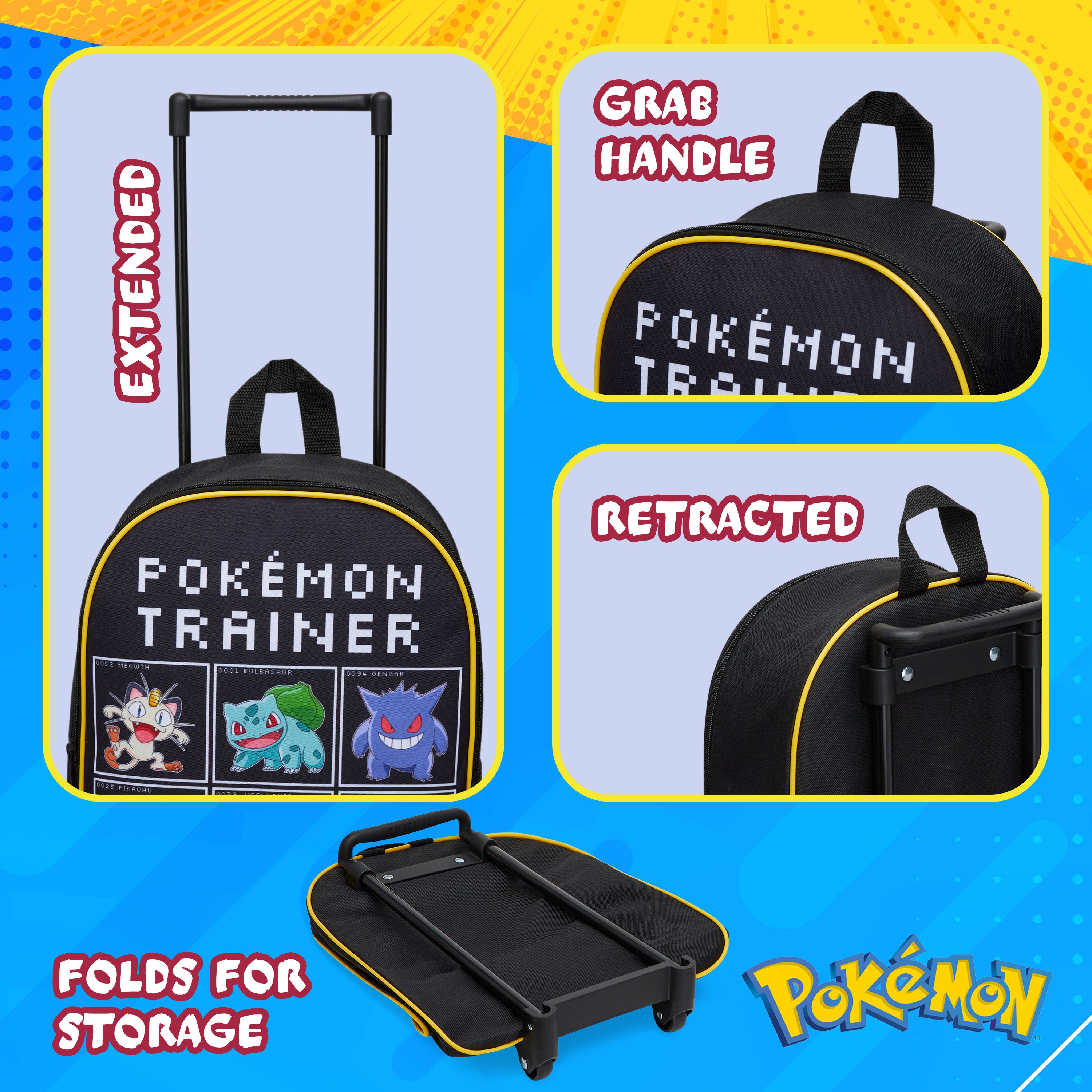 Pokemon Kids Foldable Trolley Suitcase 39 x 27cm, 10.5 litres 2 Wheels (Black/Multi) - Get Trend