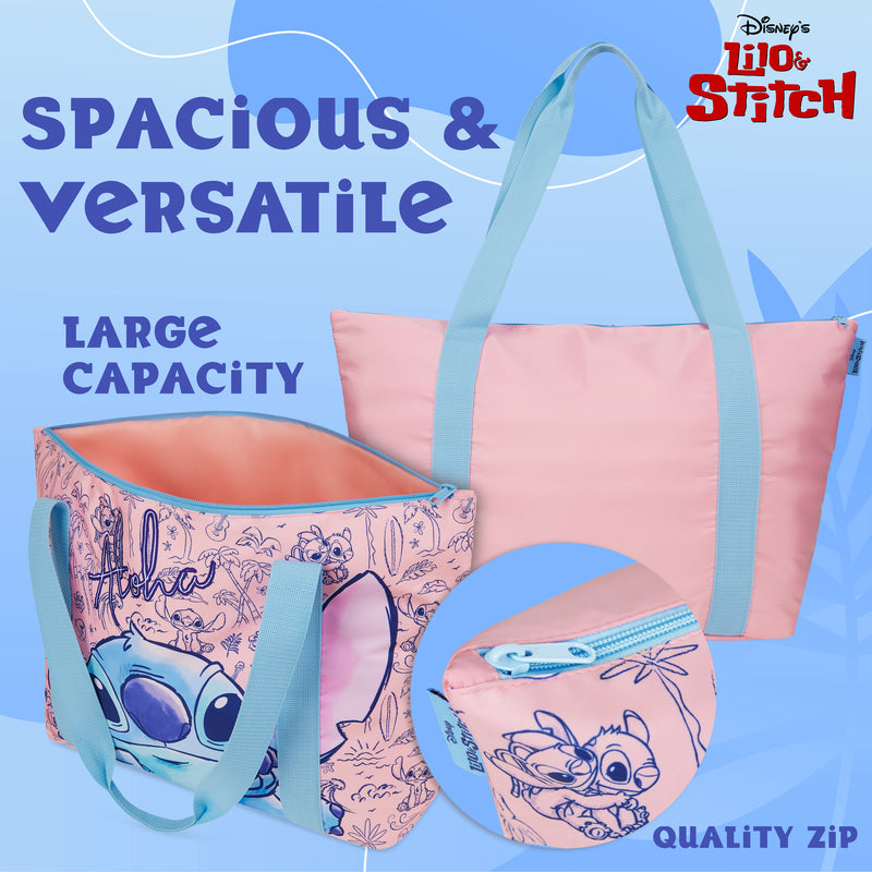Disney Stitch Womens Tote Bag - Large Zipped Overnight or Beach Bag - Get Trend
