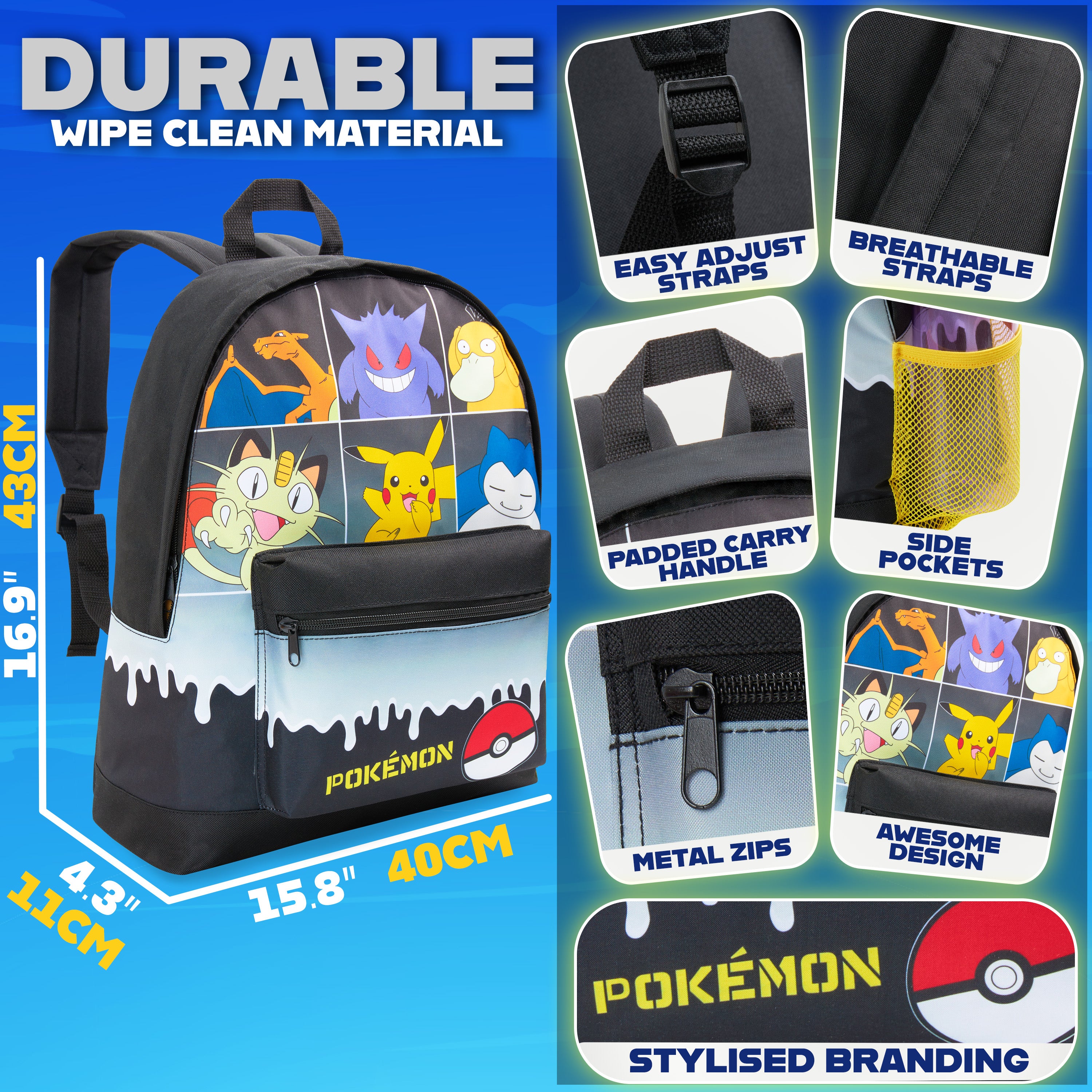 Pokemon Backpack for Kids Teenagers Pikachu Rucksack School Bag with Zipped Pockets Adjustable Straps Charizard Daypack for Travel Sports Anime Gifts - Get Trend