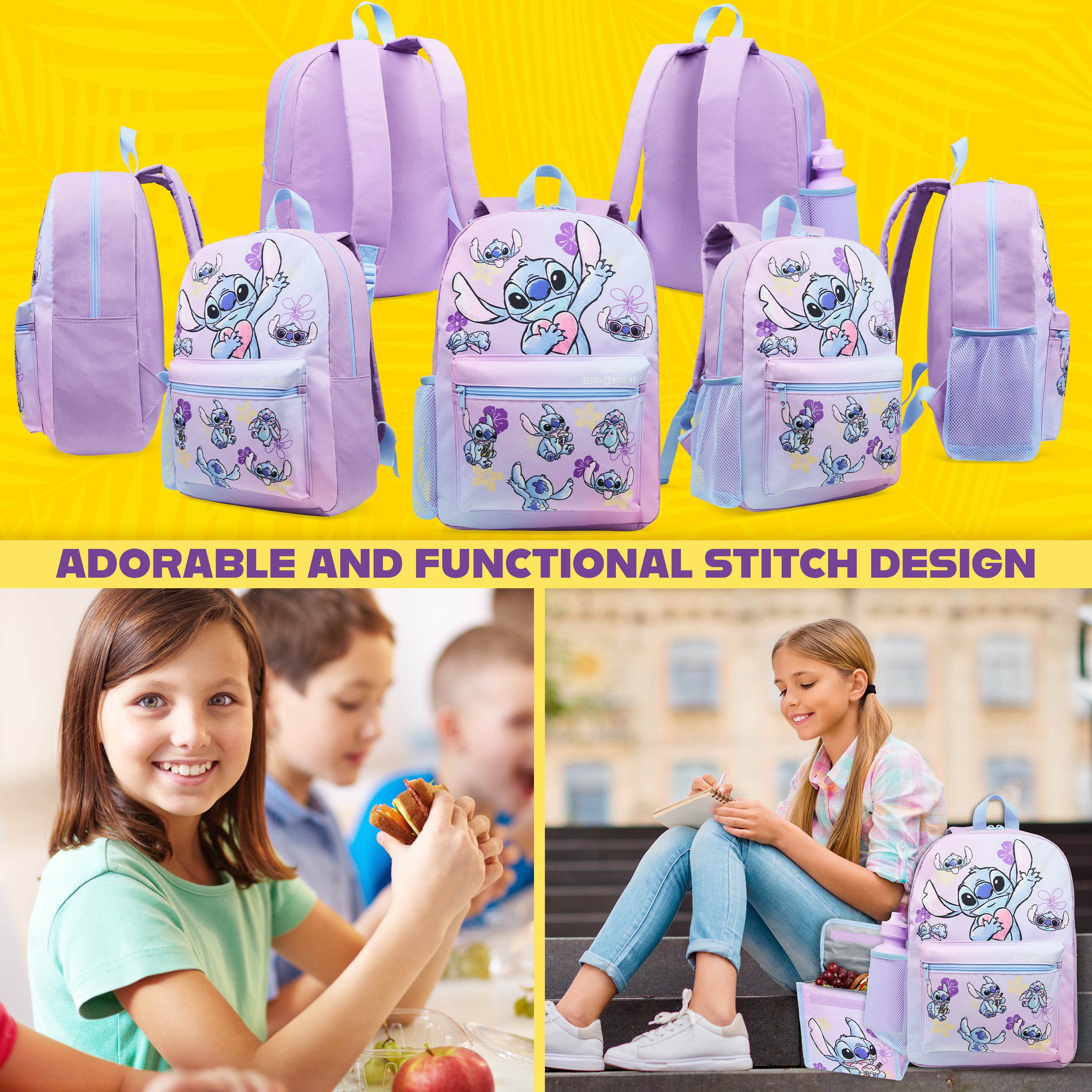 Disney Stitch Backpack Set 4 Pcs with Water Bottle Pencil Case Lunch Bag School Bag School Supplies Travel Stitch Gifts - Get Trend