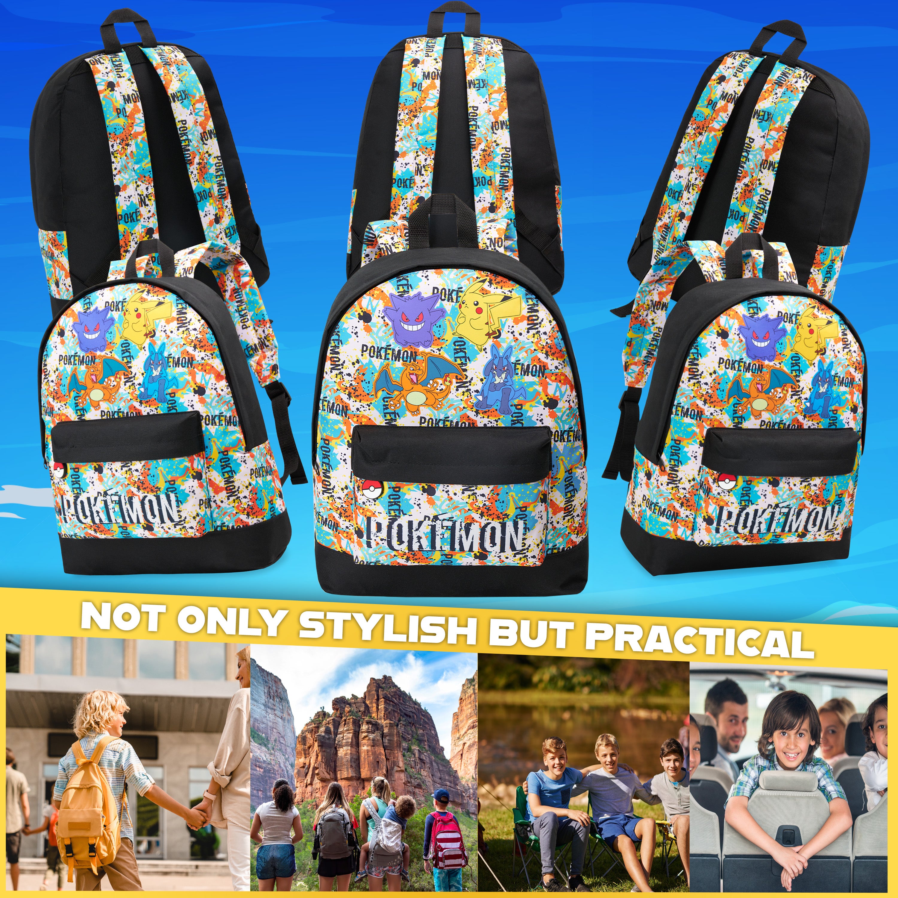 Pokemon Backpack for Kids Teenagers Pikachu Rucksack School Bag with Zipped Pockets Adjustable Straps Charizard Daypack for Travel Sports Anime Gifts - Get Trend