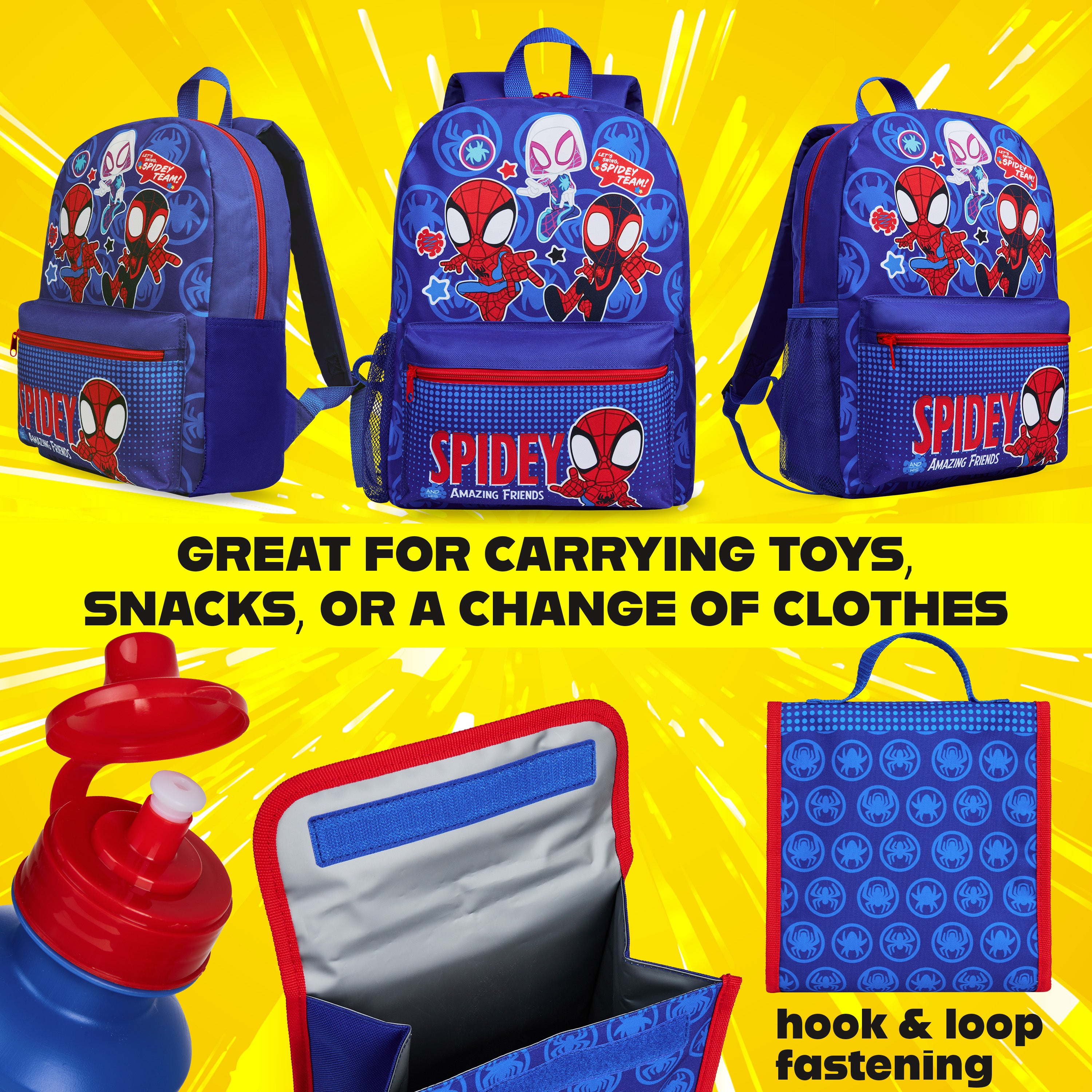 Marvel Spiderman Backpack Set 4 Pcs Water Bottle Pencil Case Lunch Bag or Wallet Keyring Travel School School Supplies (Spidey) - Get Trend