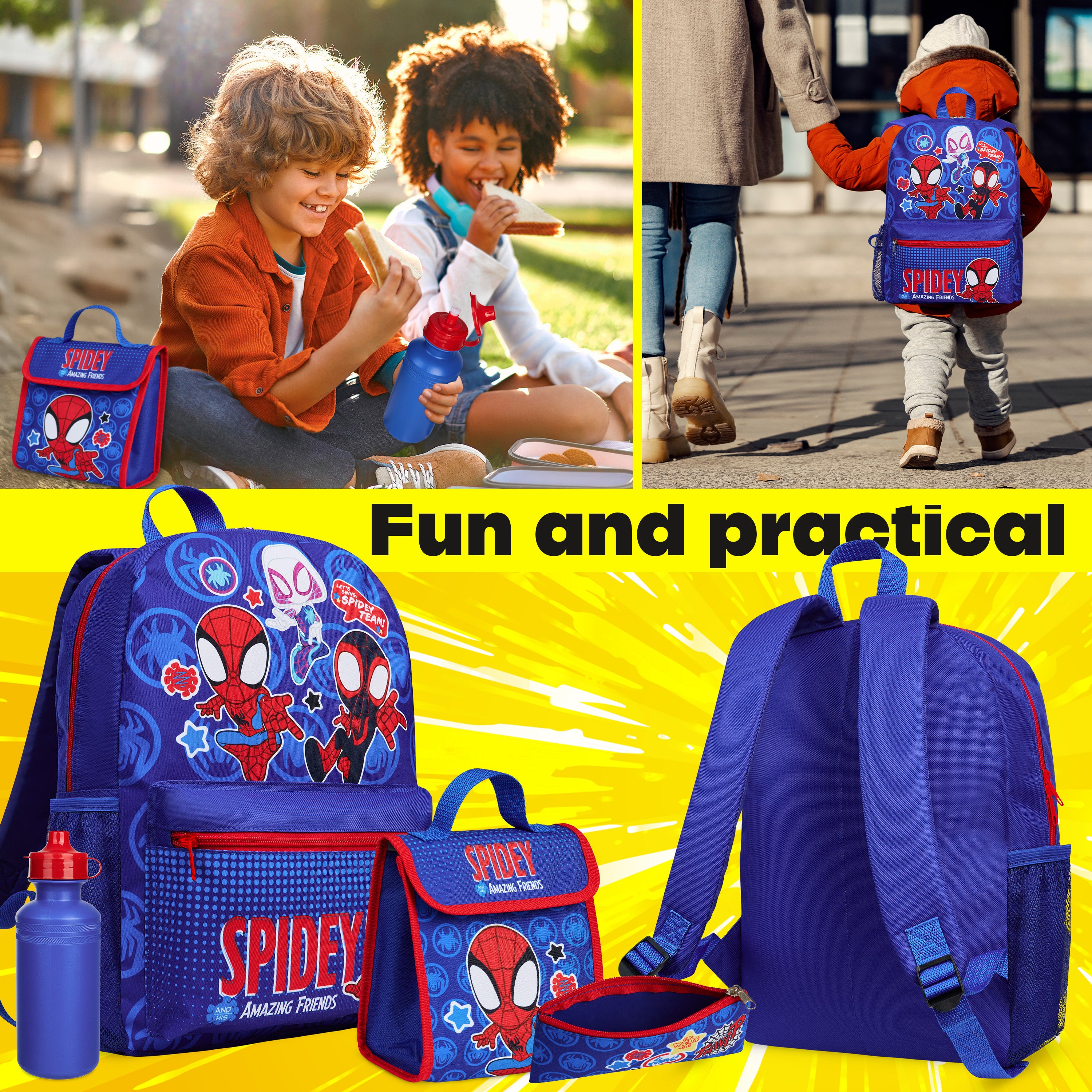 Marvel Spiderman Backpack Set 4 Pcs Water Bottle Pencil Case Lunch Bag or Wallet Keyring Travel School School Supplies (Spidey) - Get Trend