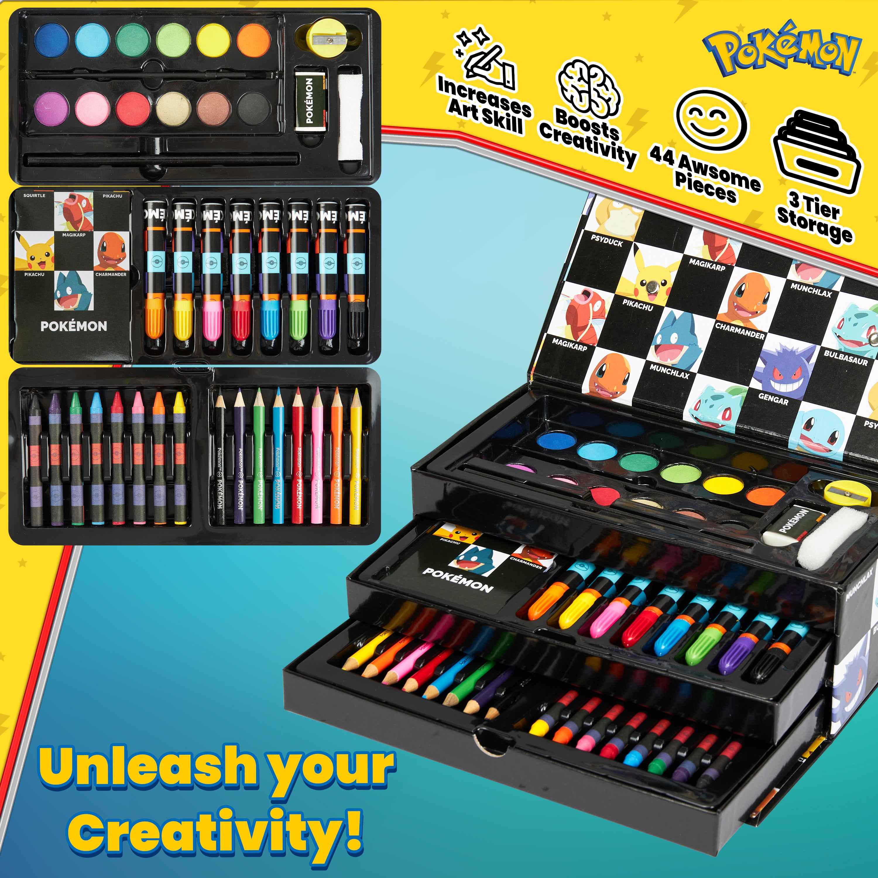 Pokemon Art Supplies Set with Colouring Pencils Felt Tip Pens Watercolour Paints Wax Crayons for Drawing Painting Set Pikachu Travel Art Set Anime Gifts (Black) - Get Trend
