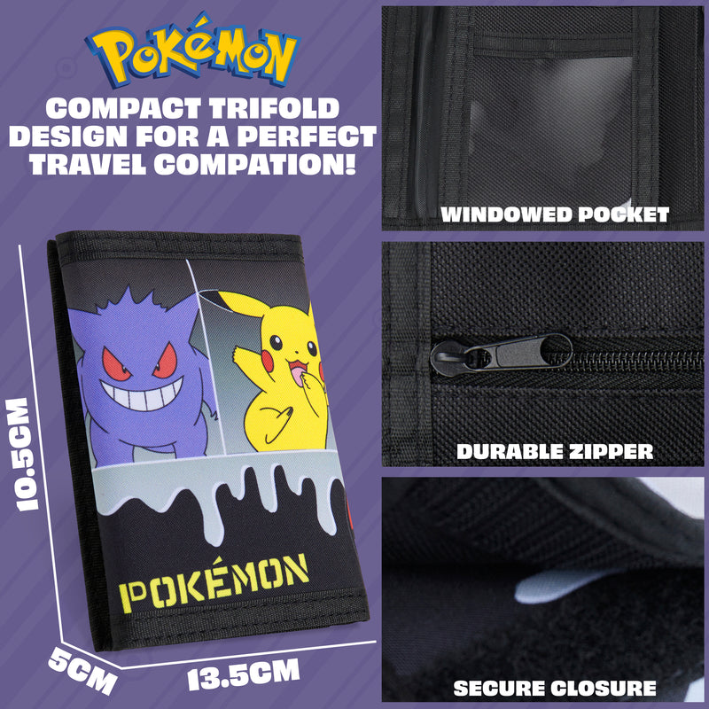 Pokemon Kids Trifold Wallet with Zipped Coin Compartment (Black/Yellow)