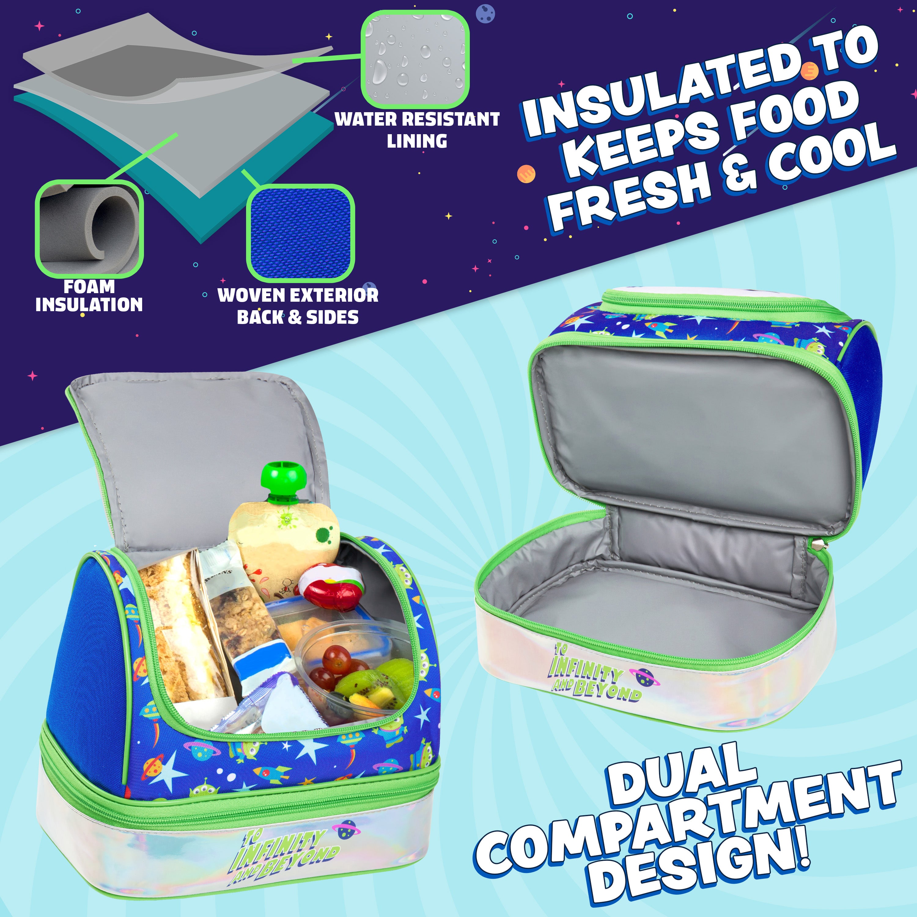 Get Trend Disney Toy Story Lunch Bag for Kids Buzz Lightyear Insulated Lunch Box Compartments Double Decker Snacks Food Carrier for School Travel Picnic Cooler Bag (Green Buzz) - Get Trend
