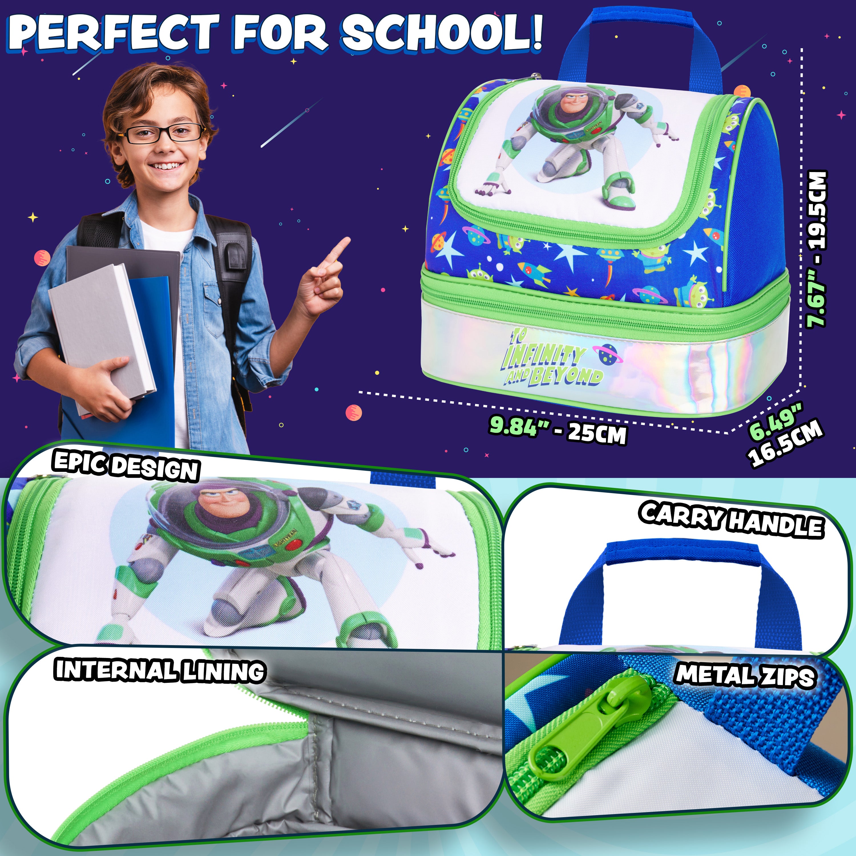 Get Trend Disney Toy Story Lunch Bag for Kids Buzz Lightyear Insulated Lunch Box Compartments Double Decker Snacks Food Carrier for School Travel Picnic Cooler Bag (Green Buzz) - Get Trend