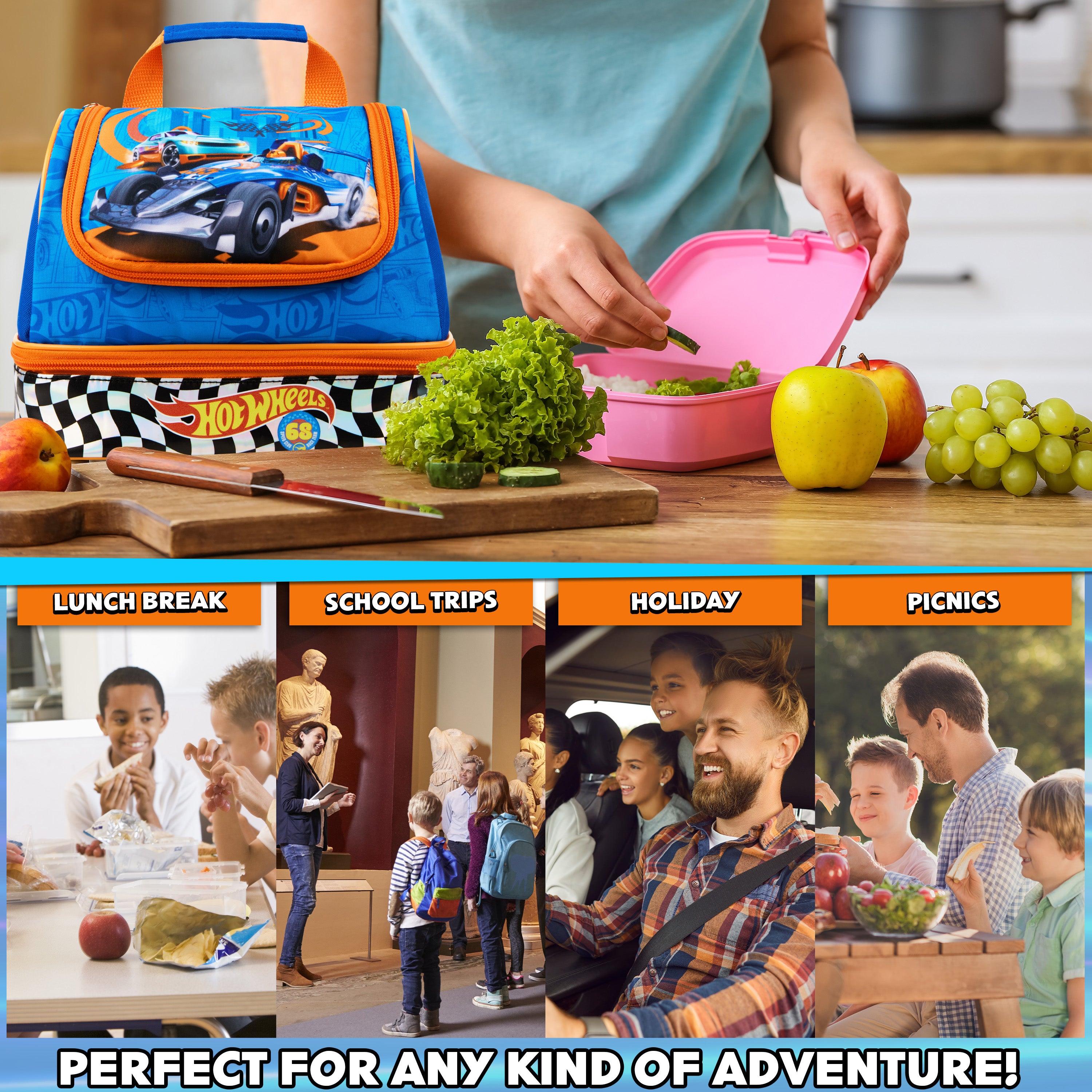 Get Trend Hot Wheels Lunch Bag for Kids Insulated Lunch Box with Compartments Double Decker Snacks Food Carrier for School Travel Picnic Cooler Bag (Blue Hot Wheels) - Get Trend