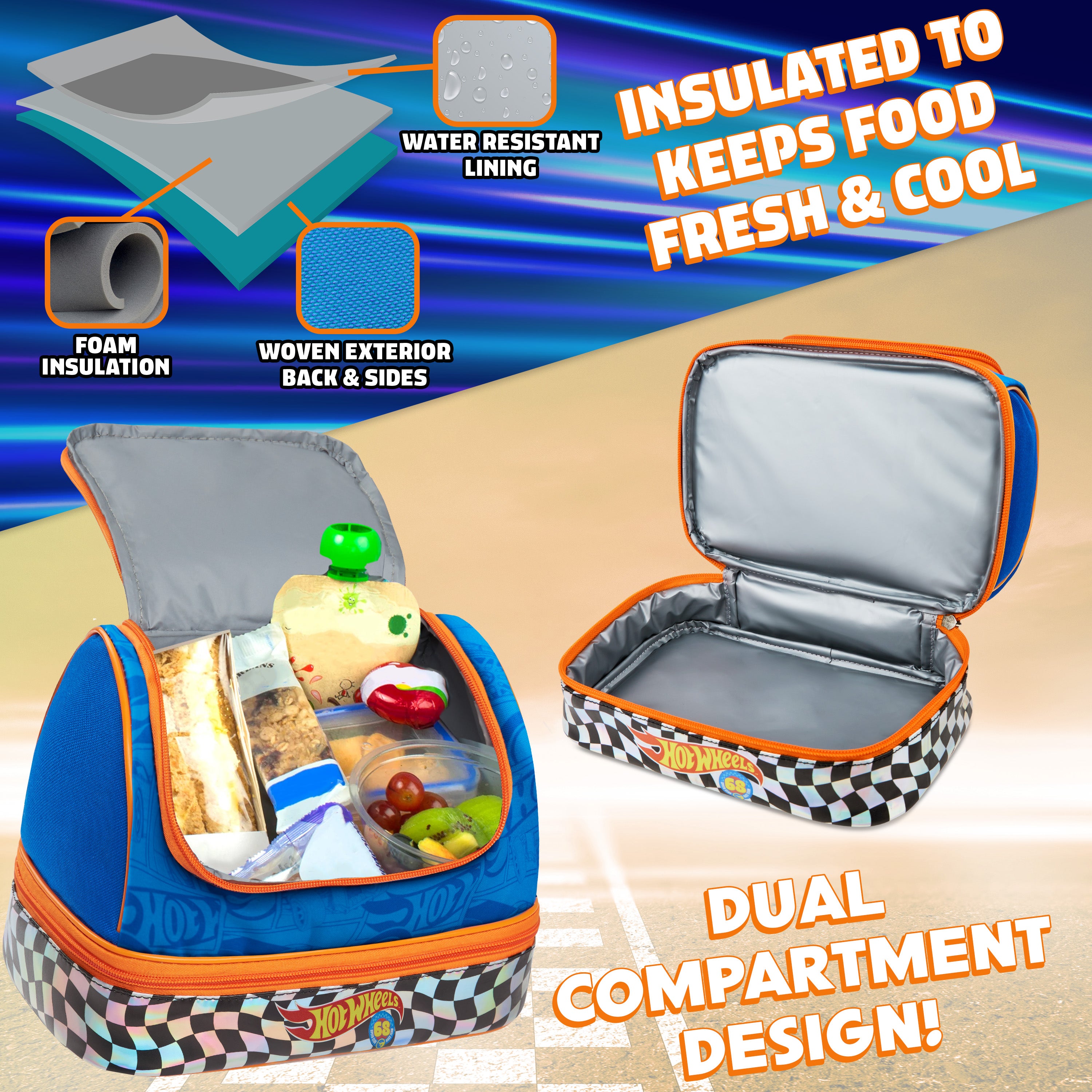 Get Trend Hot Wheels Lunch Bag for Kids Insulated Lunch Box with Compartments Double Decker Snacks Food Carrier for School Travel Picnic Cooler Bag (Blue Hot Wheels) - Get Trend