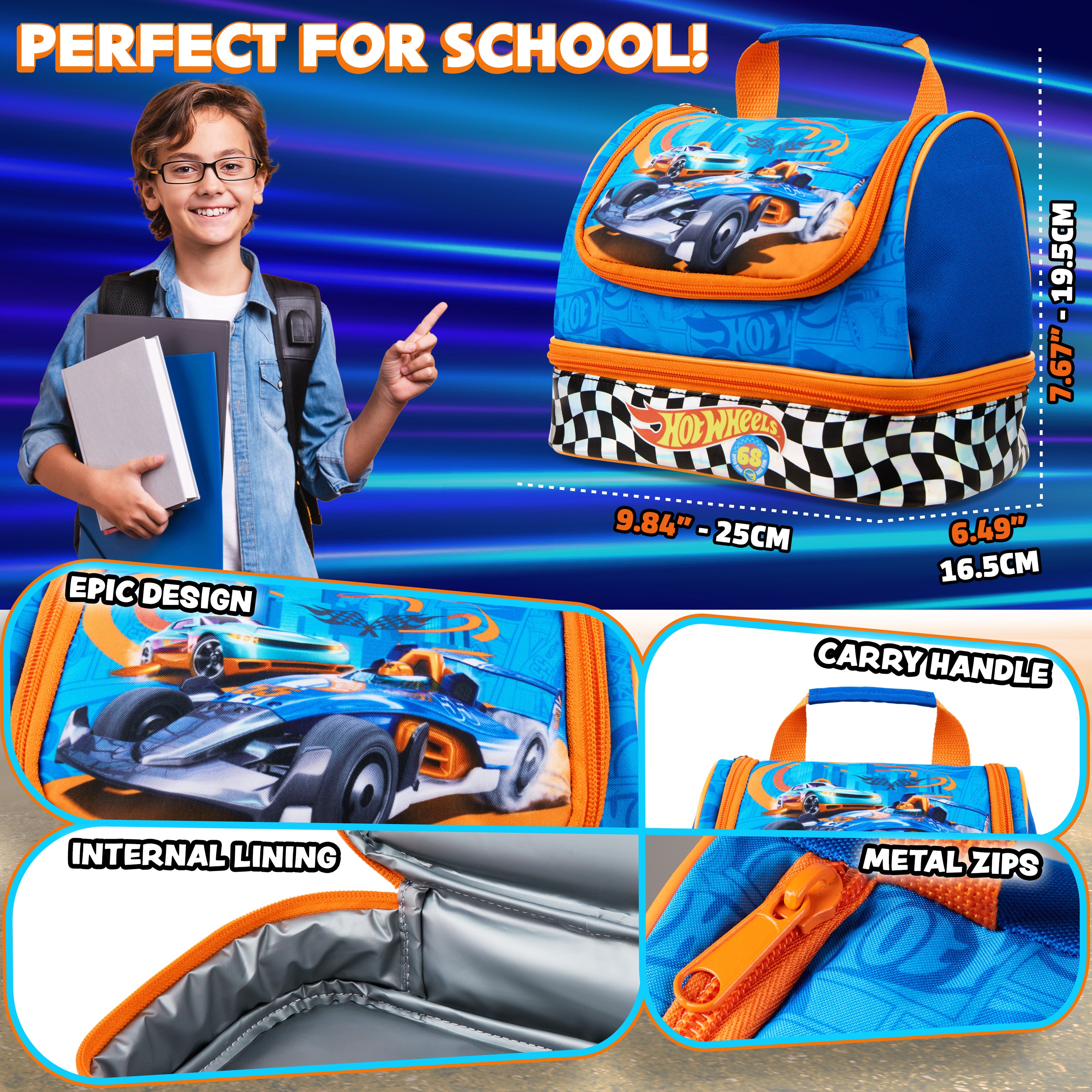 Get Trend Hot Wheels Lunch Bag for Kids Insulated Lunch Box with Compartments Double Decker Snacks Food Carrier for School Travel Picnic Cooler Bag (Blue Hot Wheels) - Get Trend