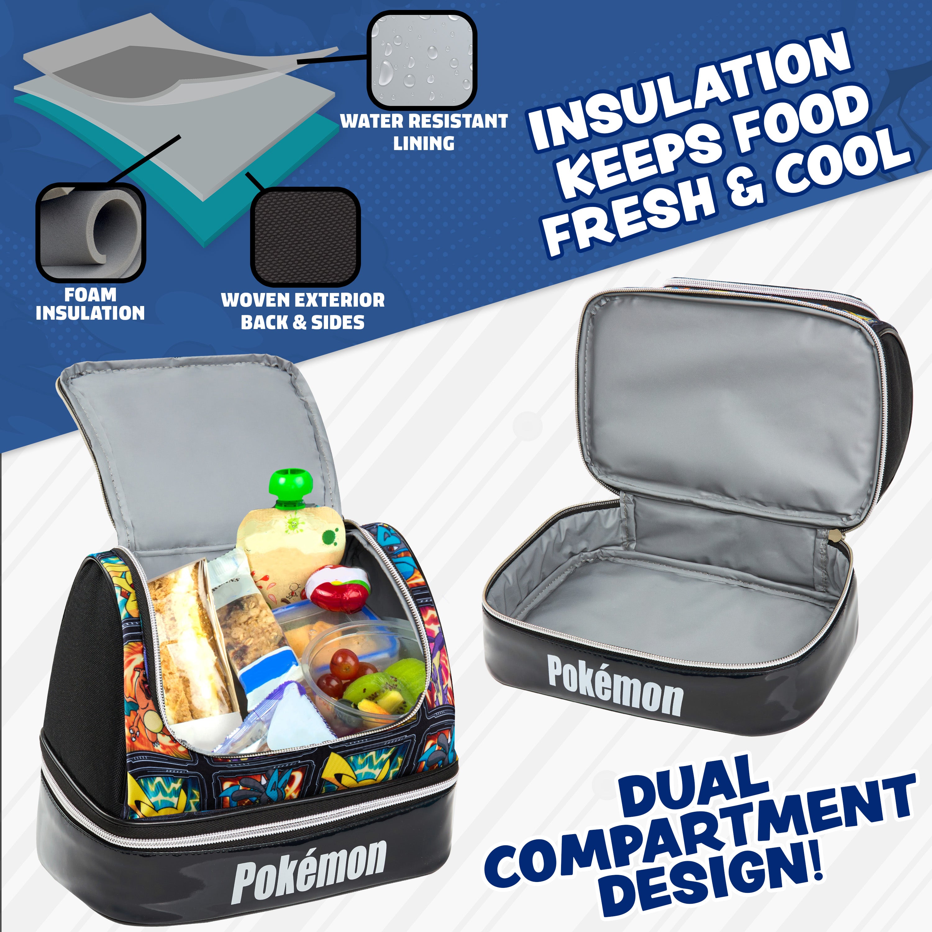 Get Trend Pokemon Lunch Bag for Kids Teens Anime Insulated Lunch Box with Compartments Pikachu Double Decker Snacks Food Carrier for School Travel Picnic Cooler Bag (Multi Pokemon) - Get Trend
