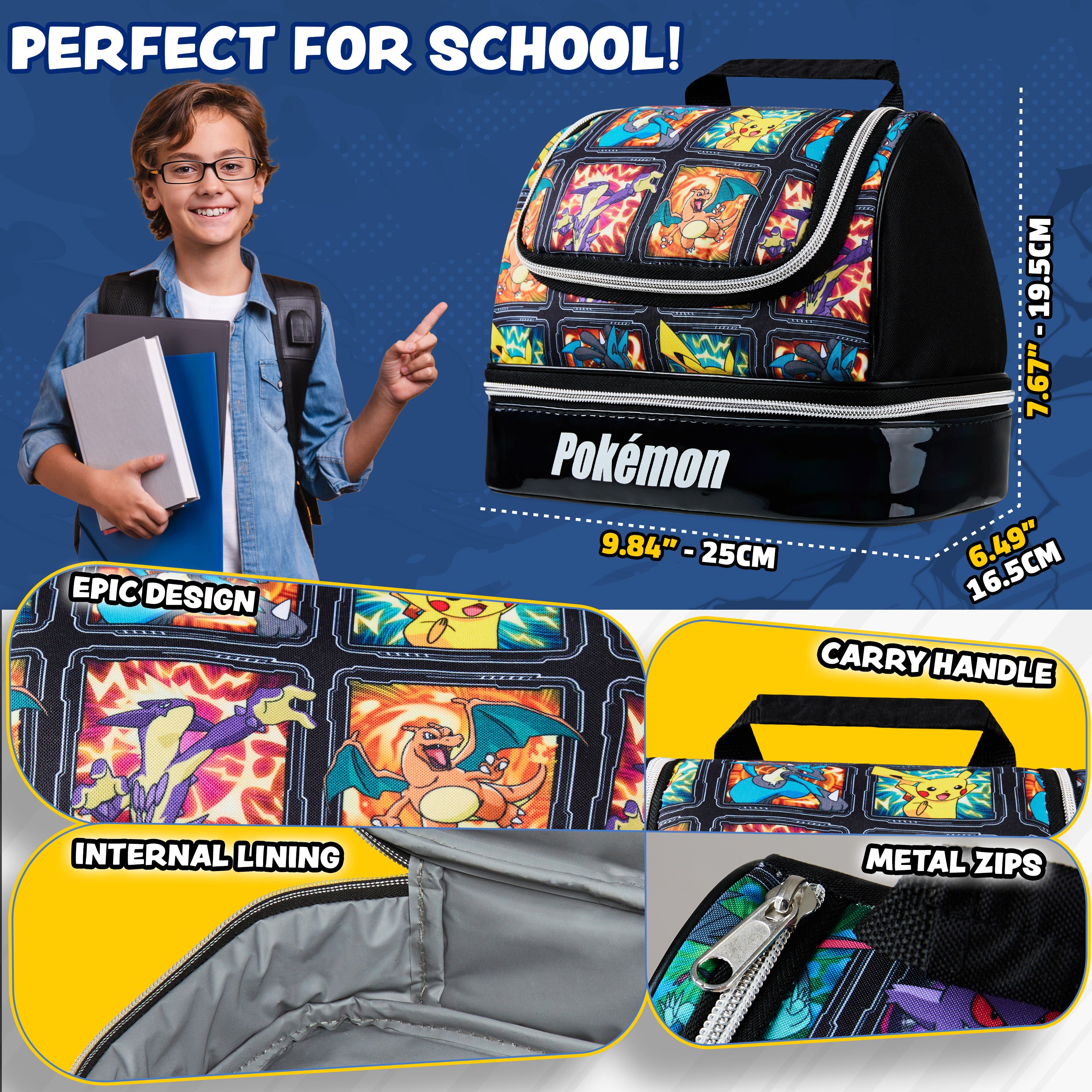 Get Trend Pokemon Lunch Bag for Kids Teens Anime Insulated Lunch Box with Compartments Pikachu Double Decker Snacks Food Carrier for School Travel Picnic Cooler Bag (Multi Pokemon) - Get Trend