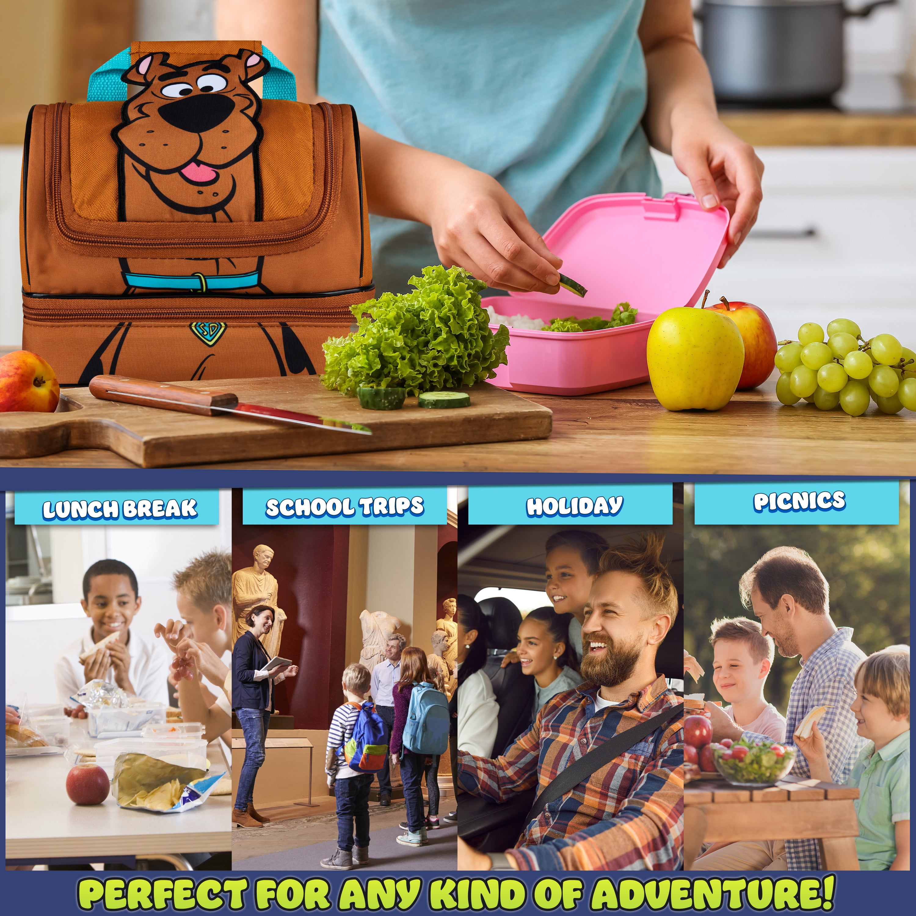 Get Trend Scooby Doo Lunch Bag for Kids Insulated Lunch Box with Compartments Double Decker Snacks Food Carrier for School Travel Picnic Cooler Bag (Brown Scooby Doo) - Get Trend