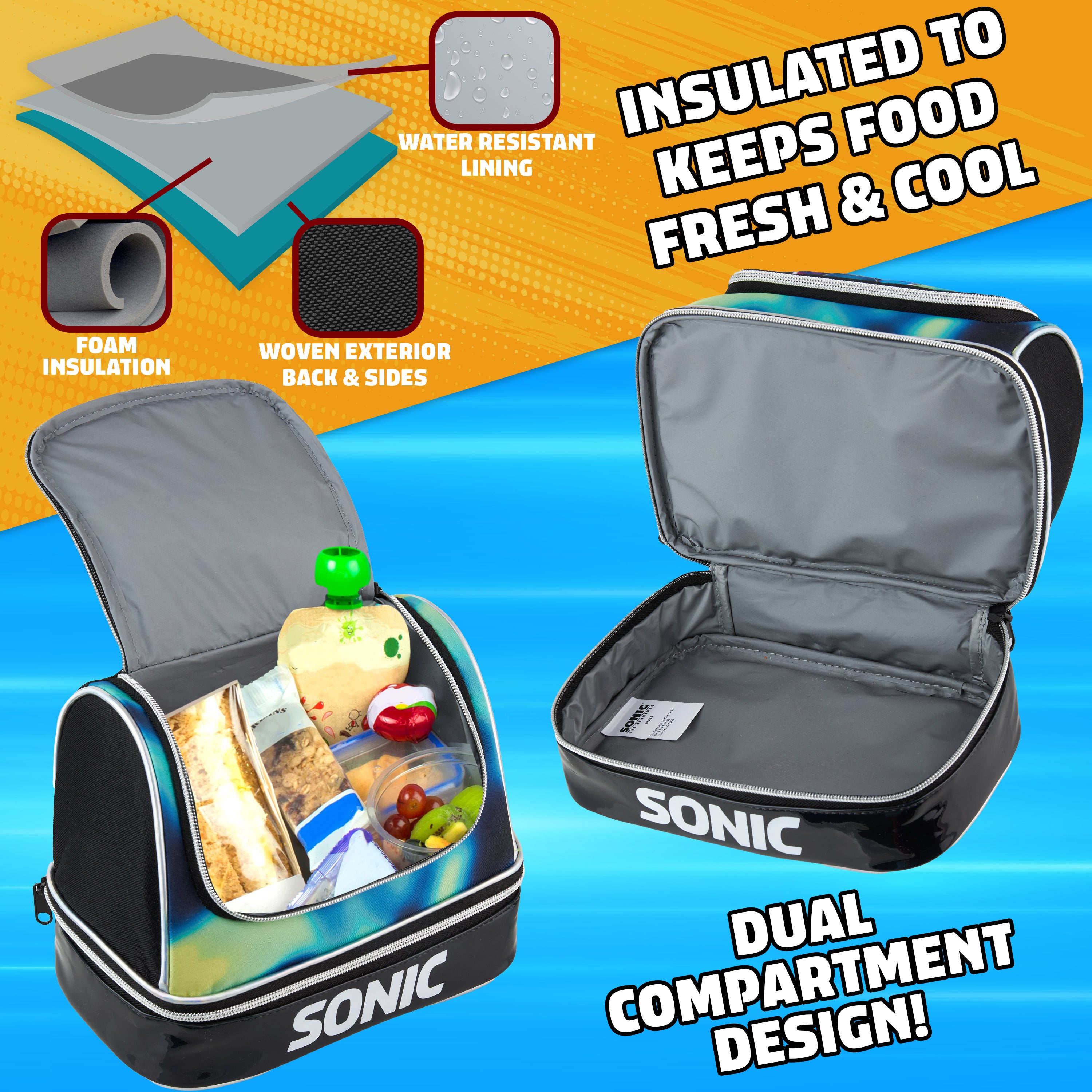 Get Trend Sonic The Hedgehog Lunch Bag for Kids Teens Shadow Insulated Lunch Box Compartments Double Decker Snacks Food Carrier for School Travel Picnic Cooler Bag (Black Sonic) - Get Trend