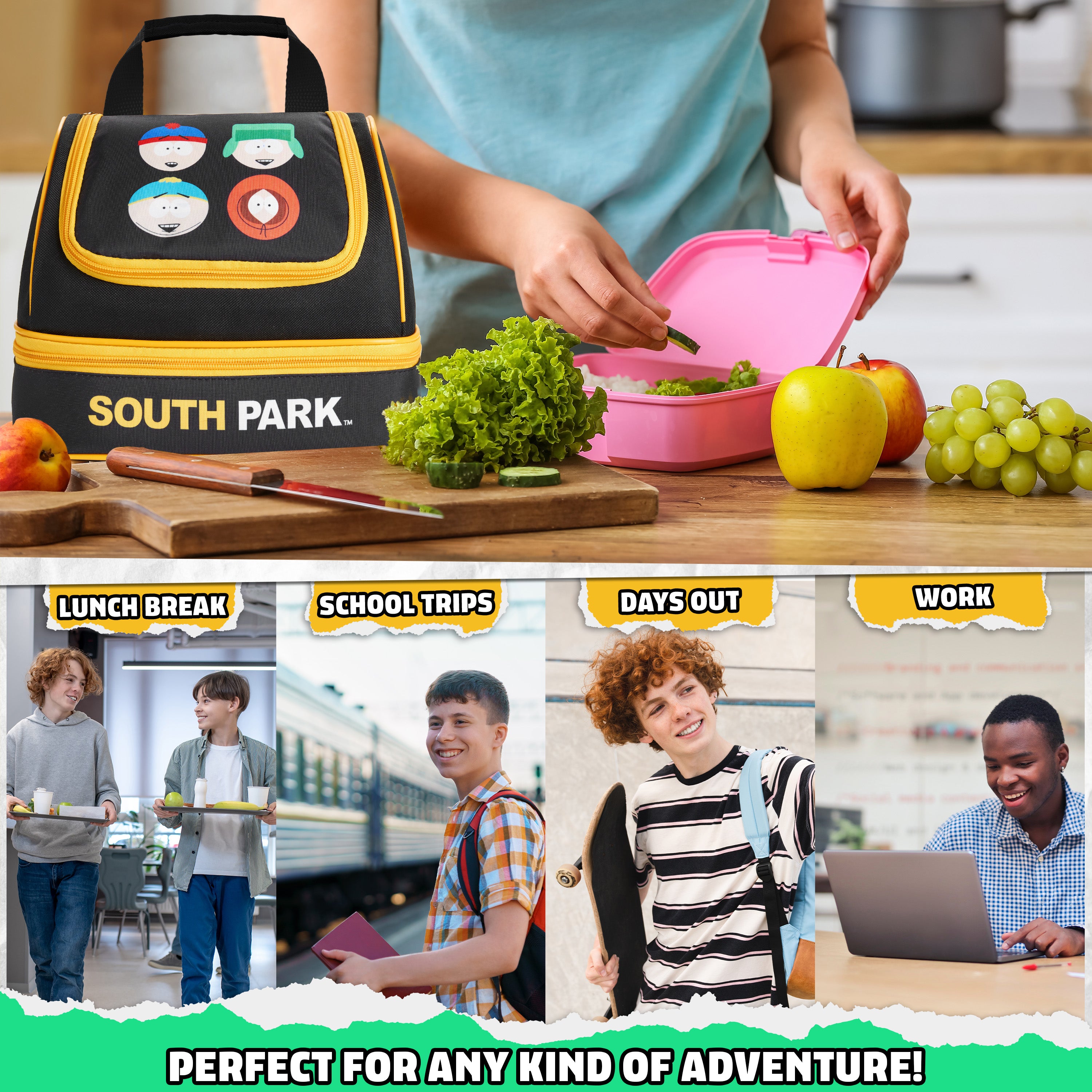 Get Trend South Park Lunch Bag for Teens Adults Stan Kenny Insulated Lunch Box Compartments Double Decker Snacks Food Carrier Work Travel Picnic Cooler Bag (Black South Park) - Get Trend