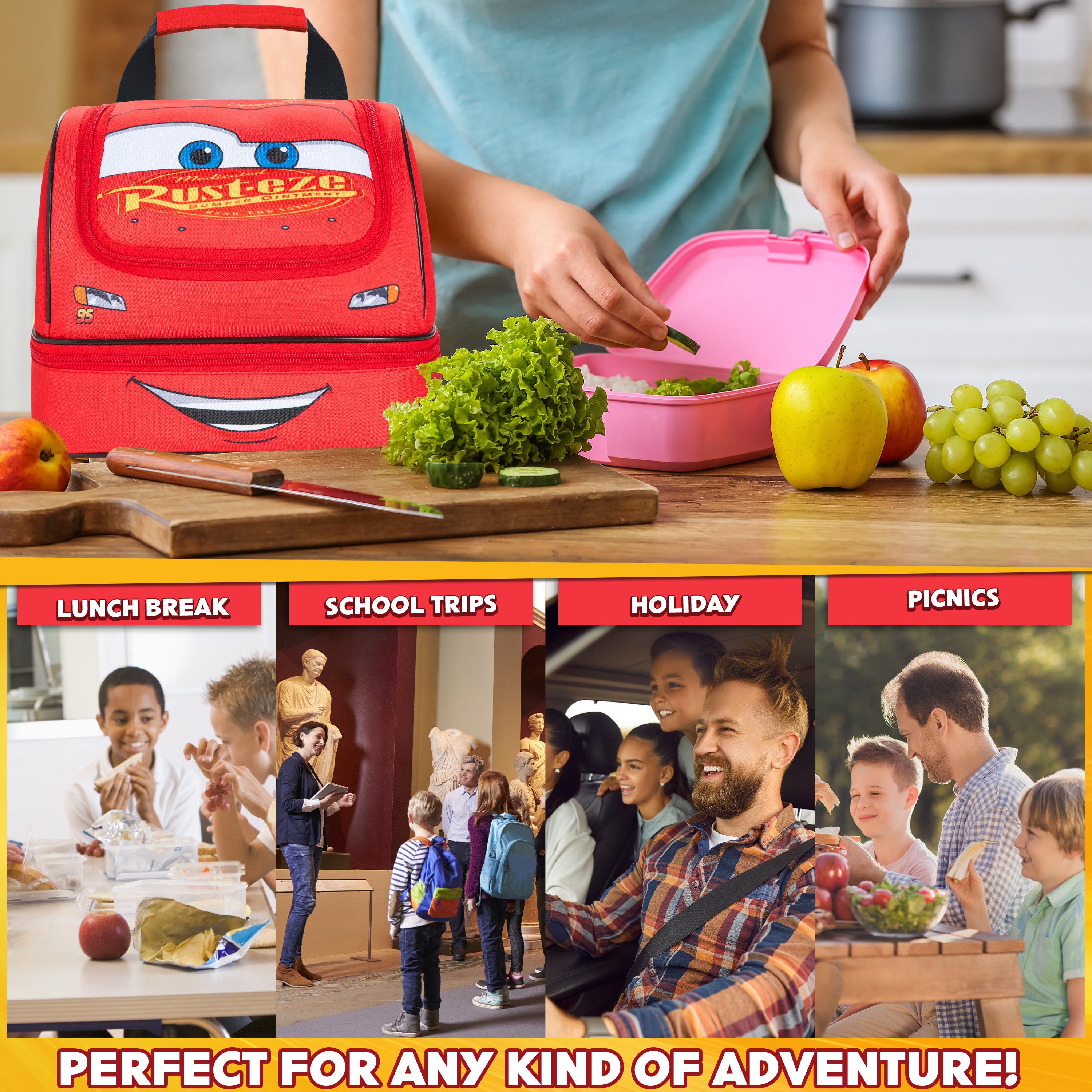 Get Trend Disney Cars Lunch Bag for Kids Lightning McQueen Insulated Lunch Box Compartments Double Decker Snacks Food Carrier for School Travel Picnic Cooler Bag (Red McQueen) - Get Trend