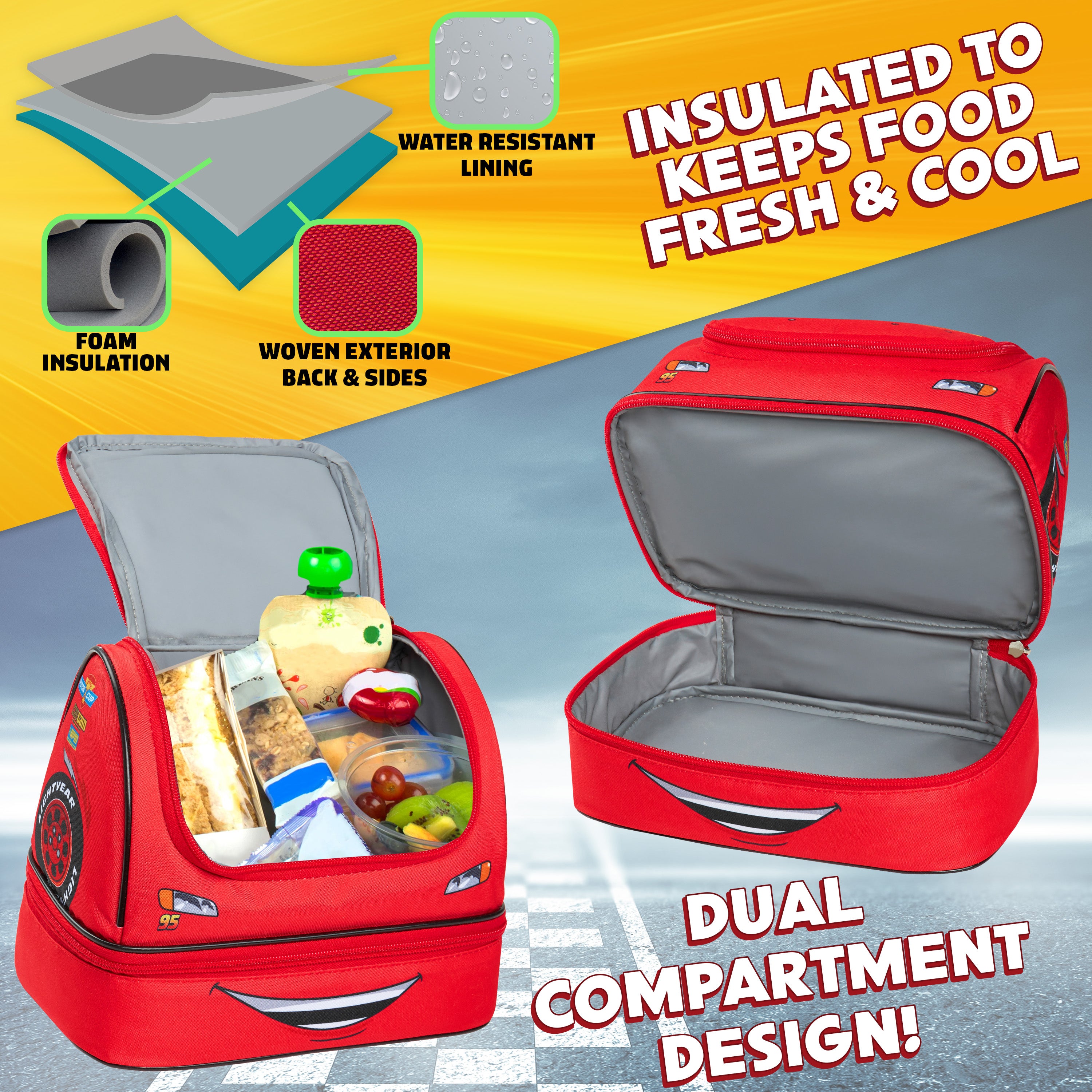 Get Trend Disney Cars Lunch Bag for Kids Lightning McQueen Insulated Lunch Box Compartments Double Decker Snacks Food Carrier for School Travel Picnic Cooler Bag (Red McQueen) - Get Trend