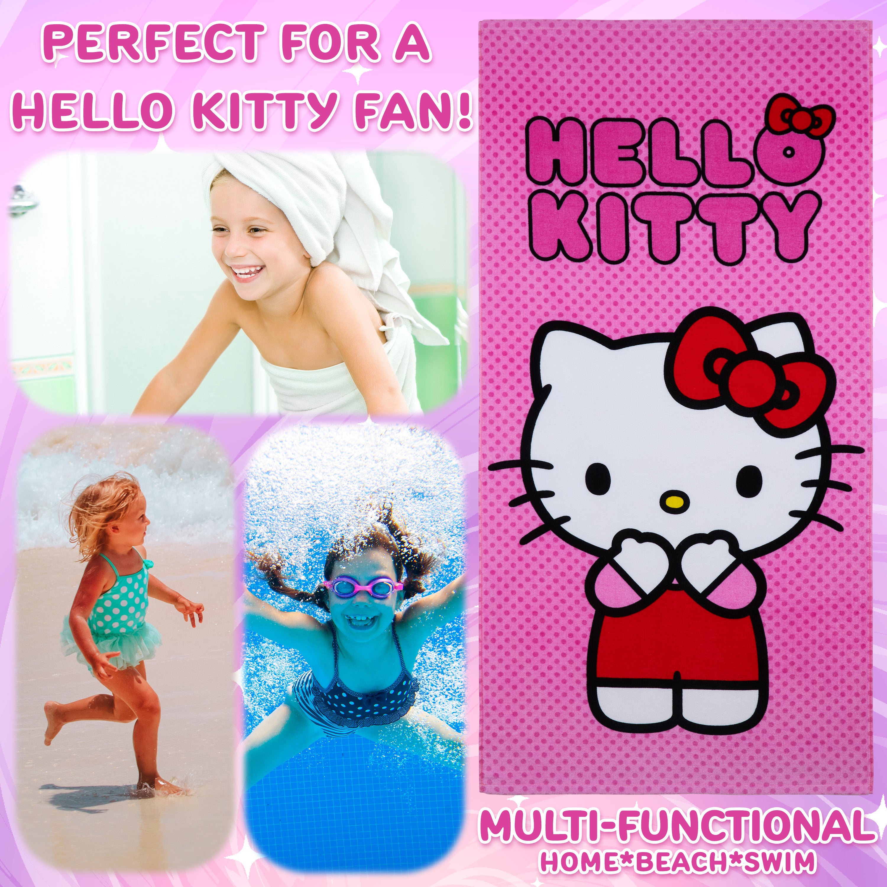 Hello Kitty Asciugamano Bambina Ragazza Donna Teli Mare Assorbente Asciugatura Rapida Kawaii Asciugamani da Bagno 140x70cm Anime Accessori Viaggio (Rosa, 70x140cm) - Get Trend