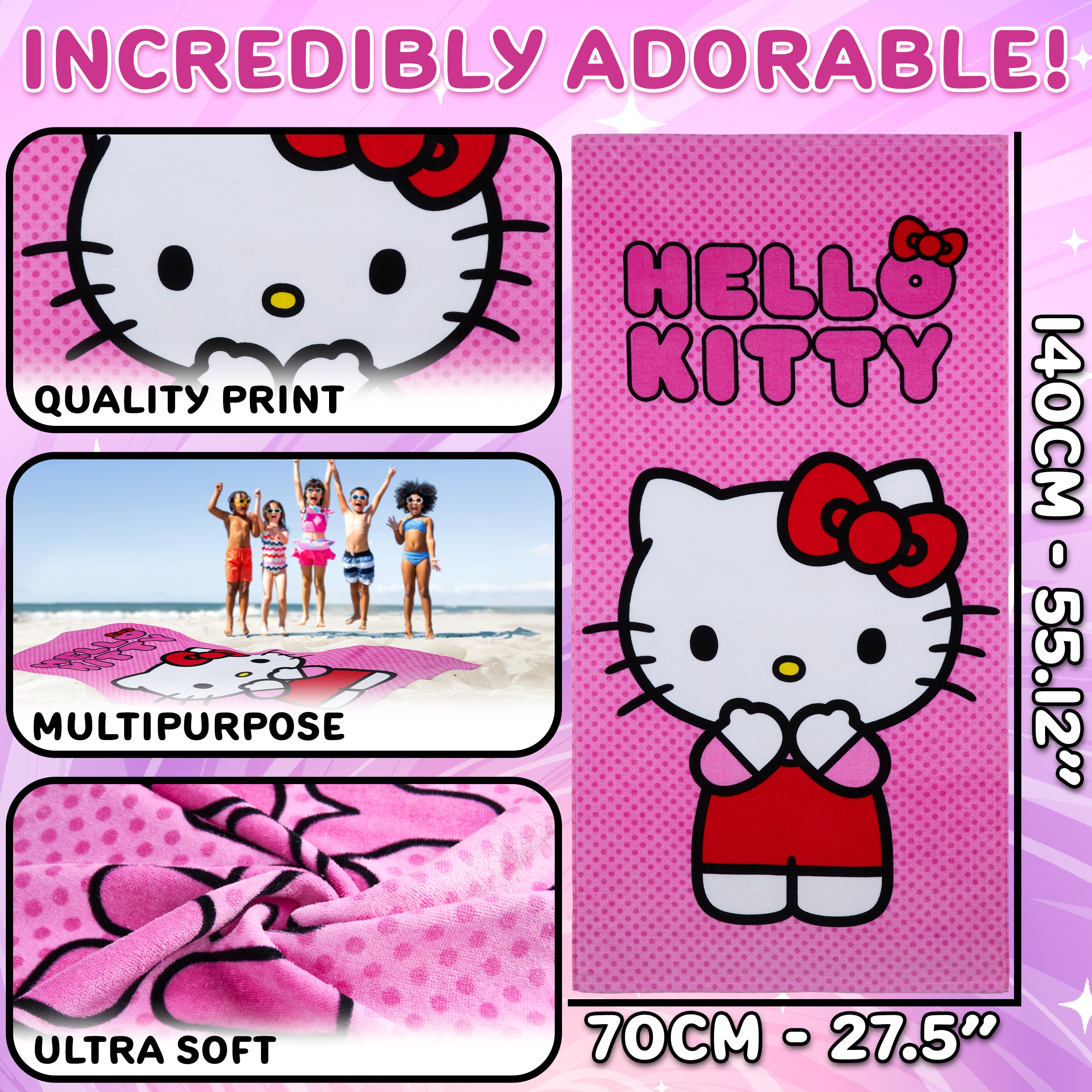 Hello Kitty Asciugamano Bambina Ragazza Donna Teli Mare Assorbente Asciugatura Rapida Kawaii Asciugamani da Bagno 140x70cm Anime Accessori Viaggio (Rosa, 70x140cm) - Get Trend