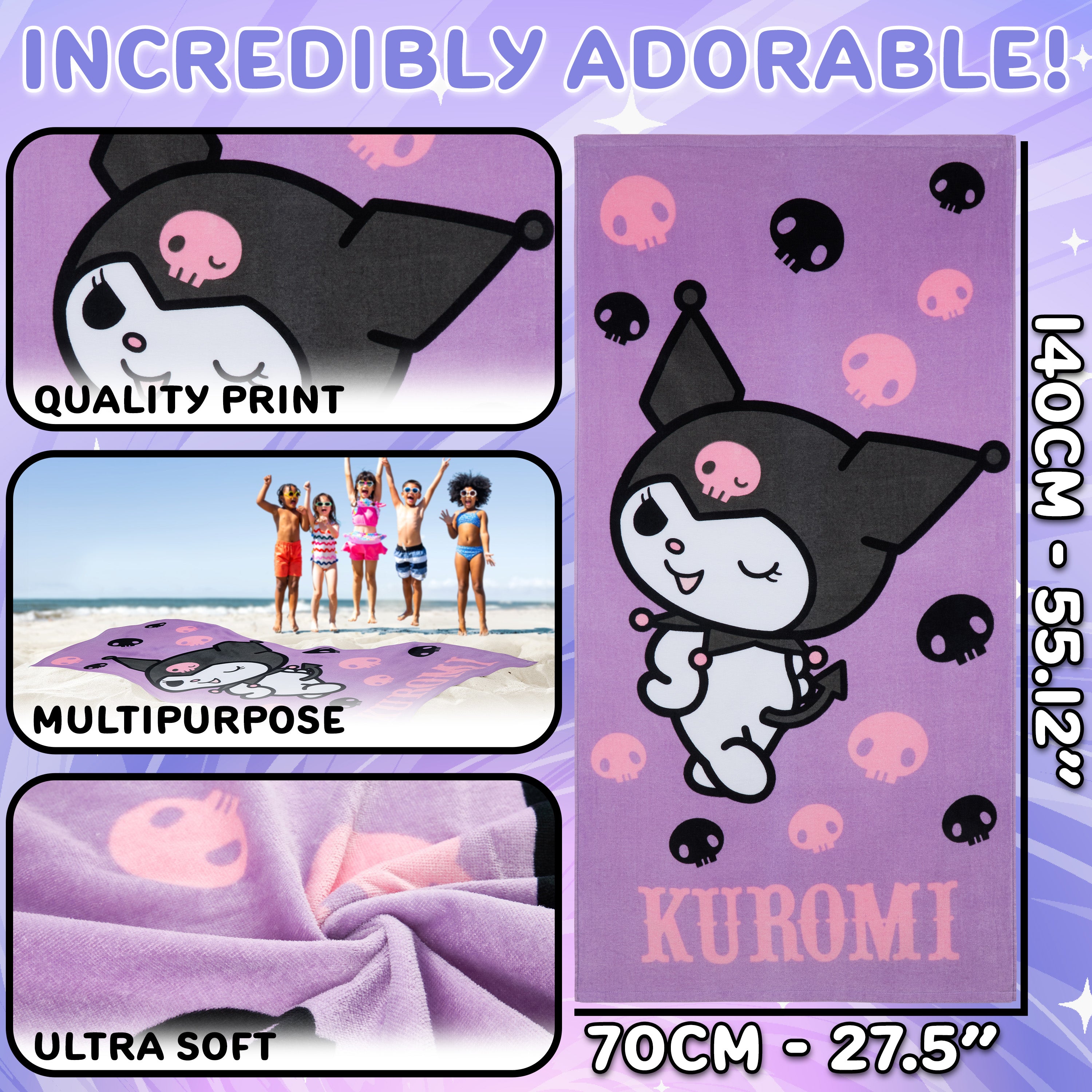 Hello Kitty Sanrio Towel for Kids Teens Women Soft Absorbent Bath Shower Swimming Beach Towel Quick Dry Kuromi Kawaii Anime Holiday Essentials 140 x 70cm (Purple, 70x140cm) - Get Trend