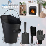 Deco Express Fireplace Tools Set, 4 Piece Fireplace Accessories Coal Scuttle, Coal Shovel, Brush & Gloves