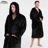 Mens Dressing Gown Super Soft Mens Fleece Robe with Hood Gowns Bathrobe